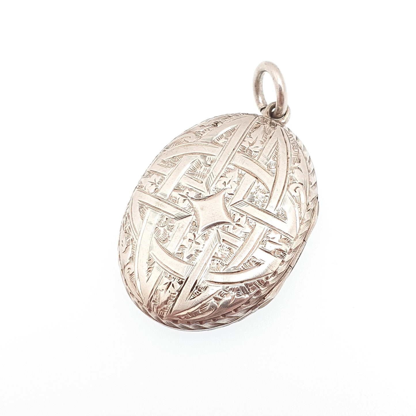 Antique Victorian Solid Silver Locket Geometric Hand Engraved Scroll Oval Pendant Picture Photo Vintage Womens Jewelry Jewellery
