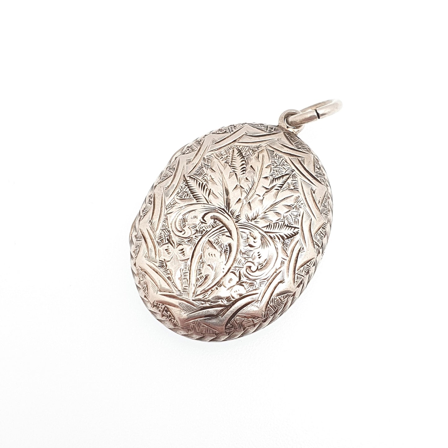 Antique Victorian Solid Silver Locket Geometric Hand Engraved Scroll Oval Pendant Picture Photo Vintage Womens Jewelry Jewellery