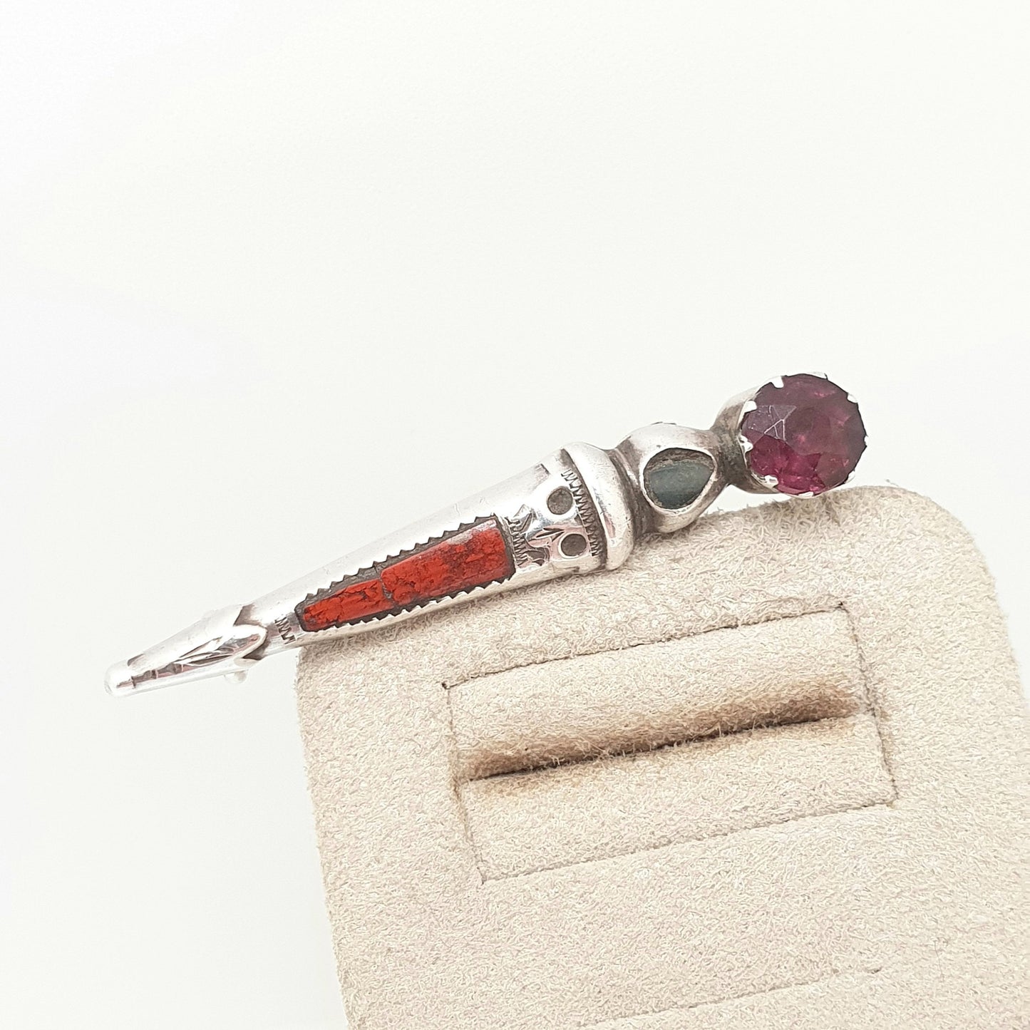 Antique Scottish Dirk Sterling Silver Brooch Pin Blue Lace Agate Amethyst Paste Victorian Quartz Vintage Mens Womens Jewelry Jewellery