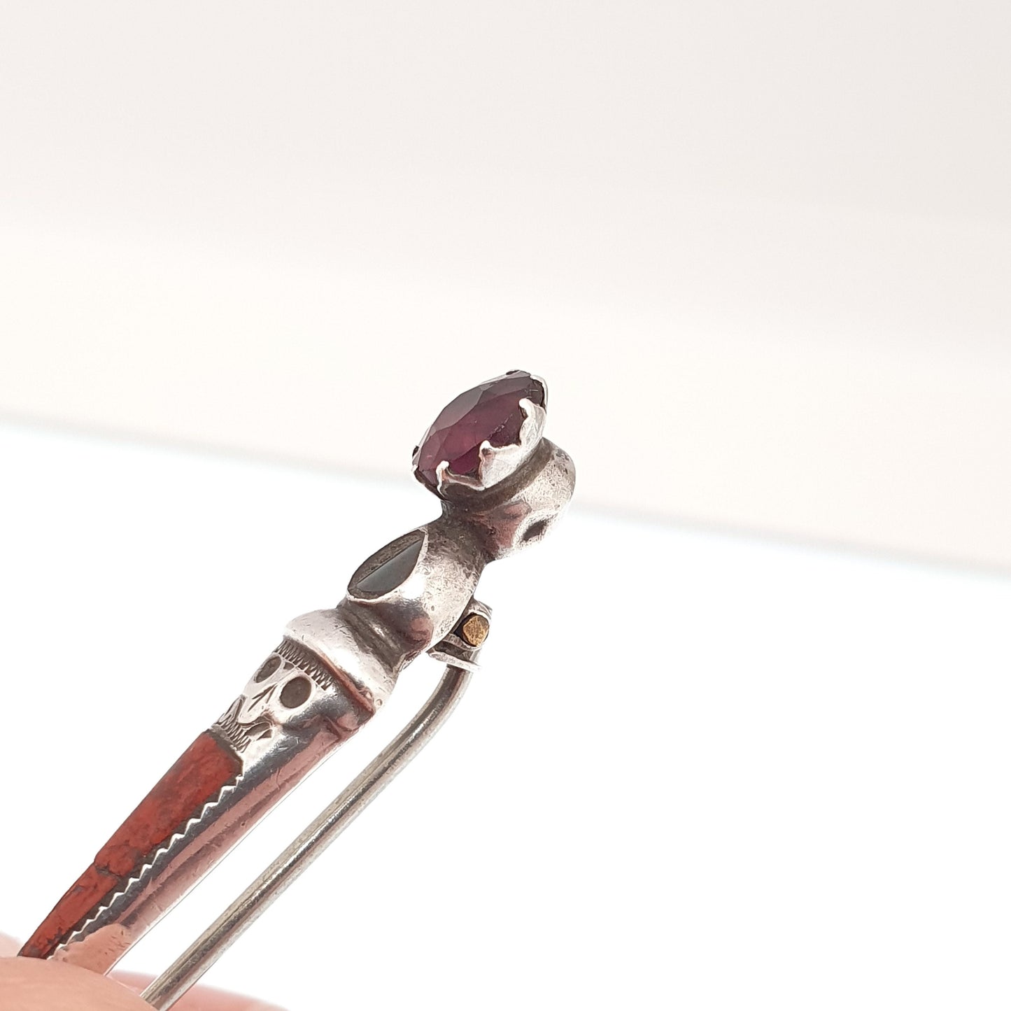Antique Scottish Dirk Sterling Silver Brooch Pin Blue Lace Agate Amethyst Paste Victorian Quartz Vintage Mens Womens Jewelry Jewellery