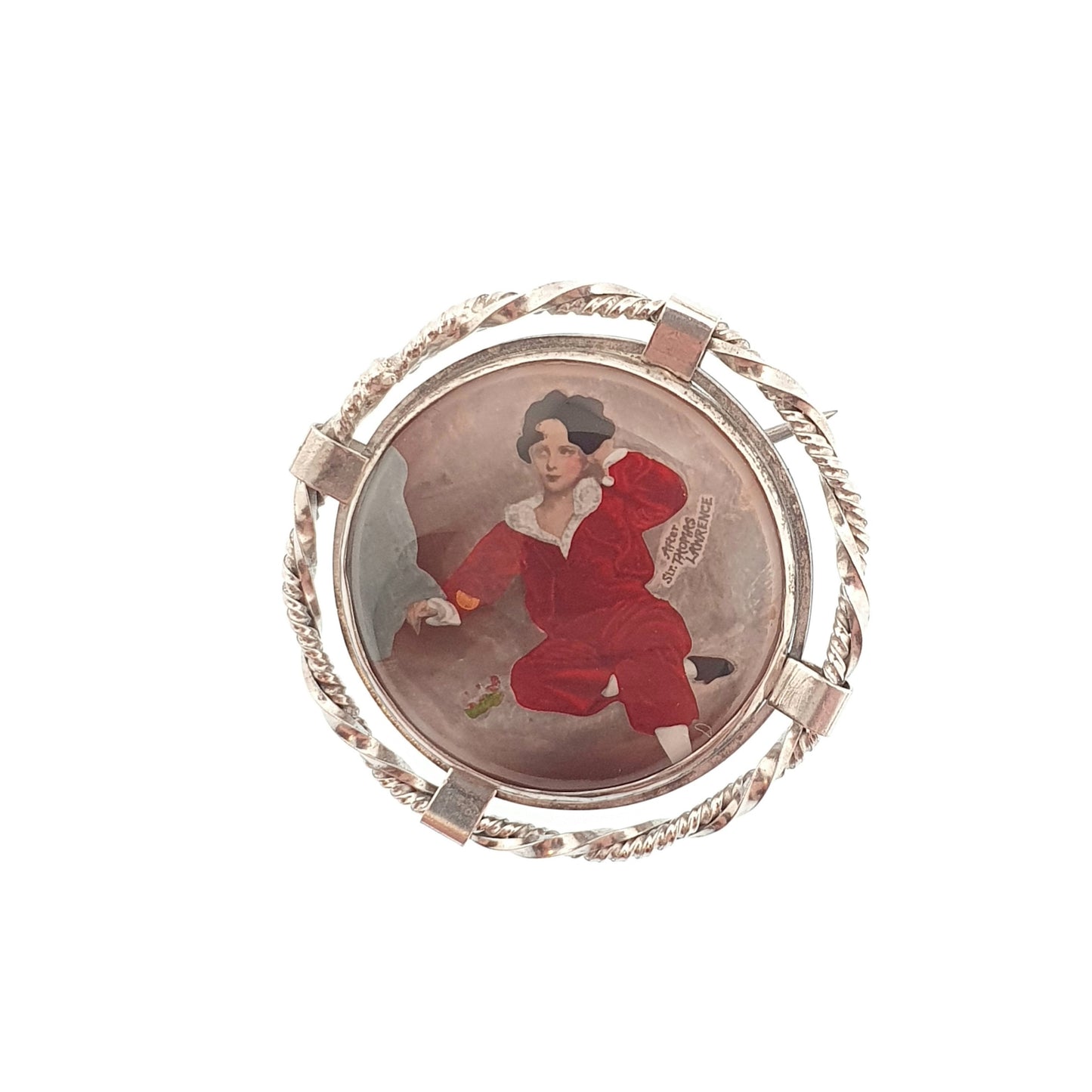 Antique Sterling Silver The Red Boy Brooch After Sir Thomas Lawrence Mott TLM Art Deco Painting Painted Vintage Womens Jewelry Jewellery