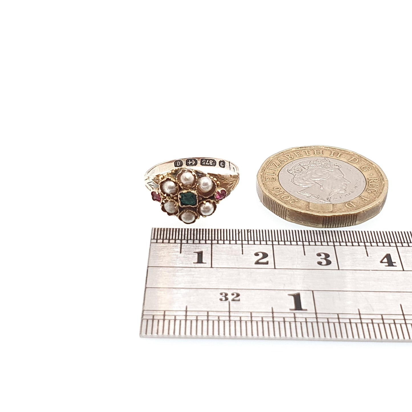Antique Victorian 9ct Gold Emerald Paste Ring 1875 Hallmark Solid 375 Seed Pearl Ruby Pastes Engraved Cluster Vintage Jewelry Jewellery