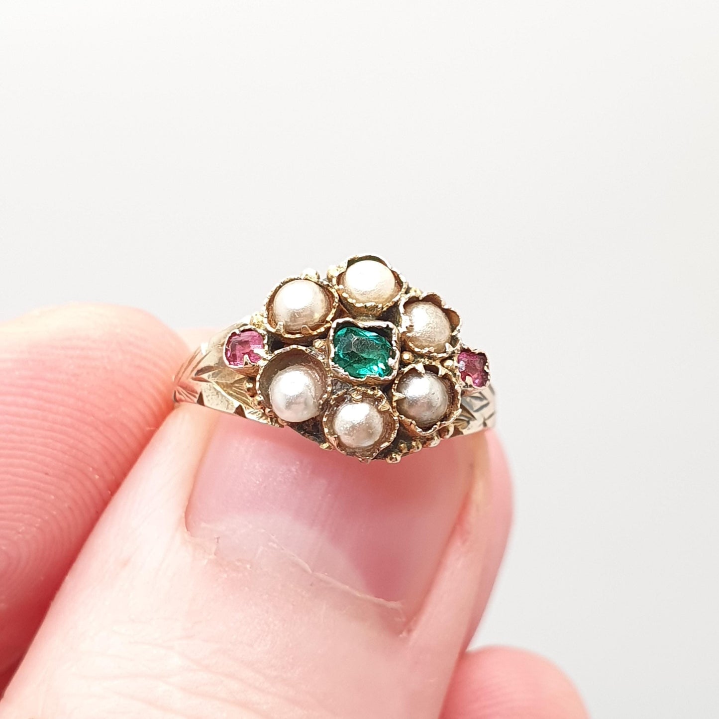 Antique Victorian 9ct Gold Emerald Paste Ring 1875 Hallmark Solid 375 Seed Pearl Ruby Pastes Engraved Cluster Vintage Jewelry Jewellery