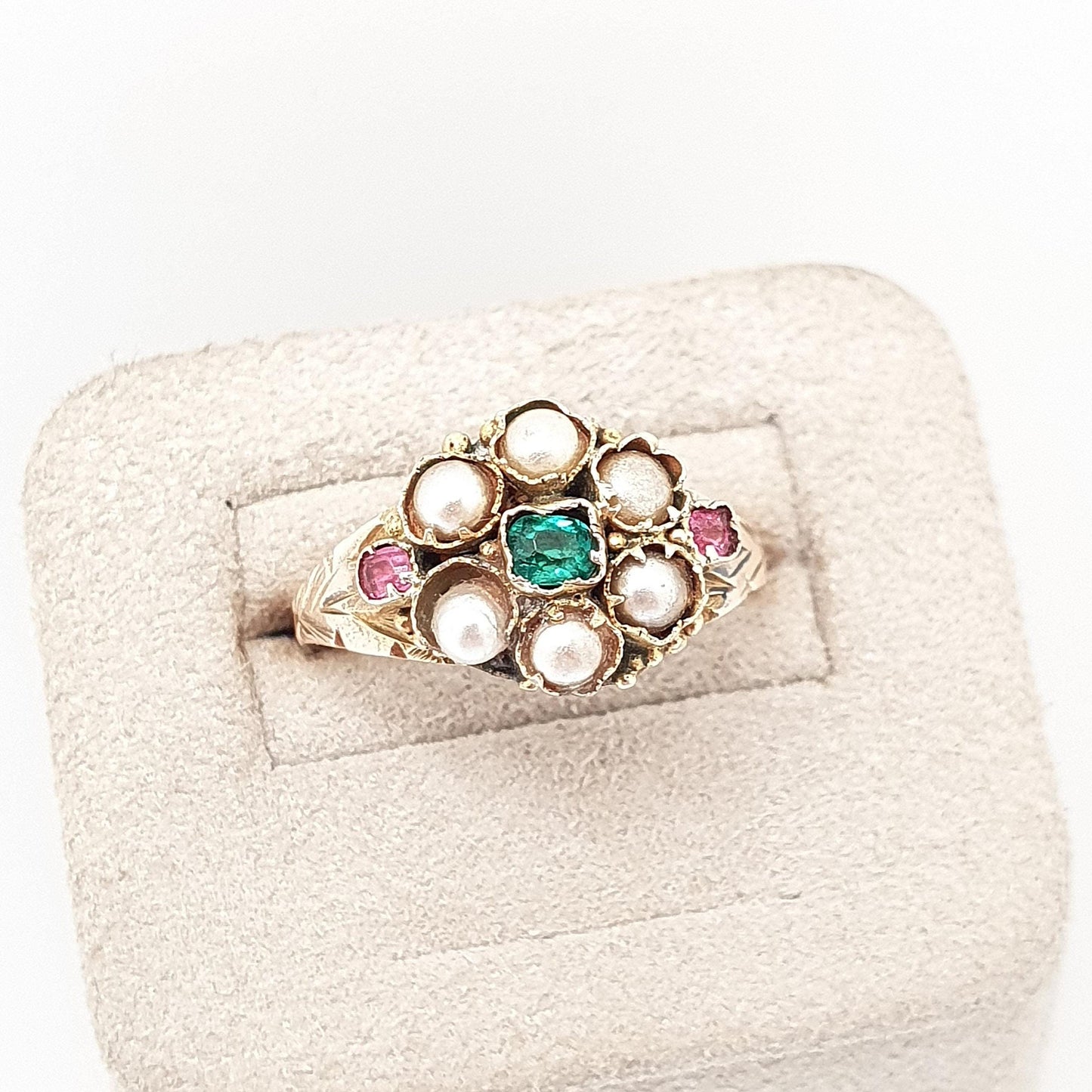 Antique Victorian 9ct Gold Emerald Paste Ring 1875 Hallmark Solid 375 Seed Pearl Ruby Pastes Engraved Cluster Vintage Jewelry Jewellery