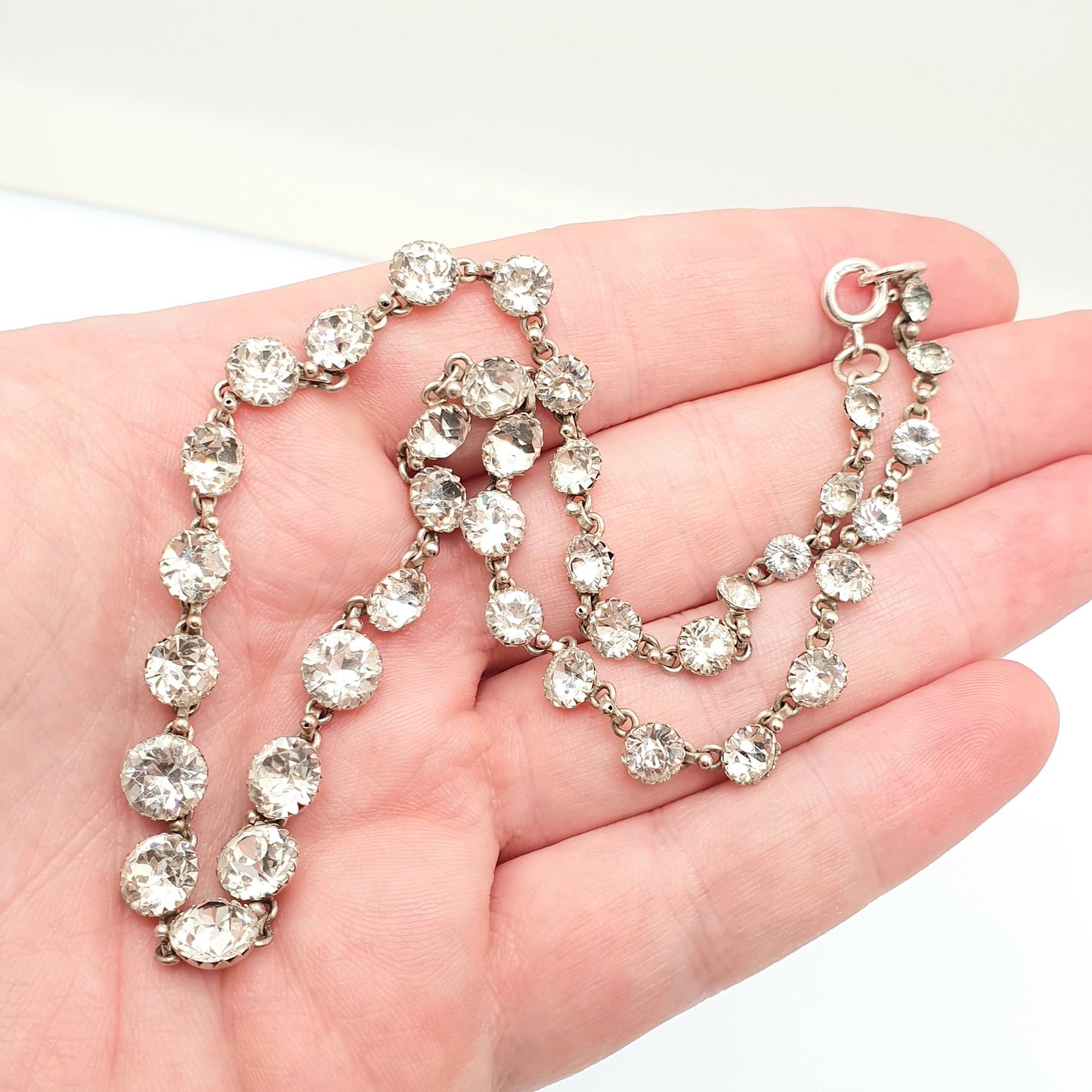 Antique Solid Silver Diamond Paste Riviera Necklace Large White Pastes Choker Round Cut Estate Sparkly Womens Vintage Jewelry Jewellery