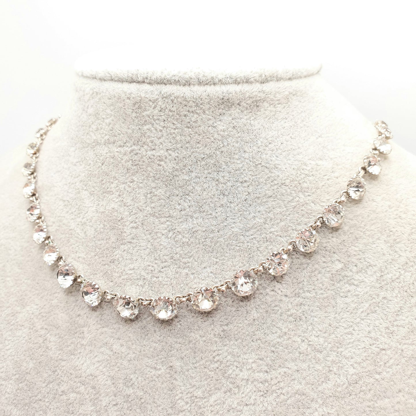 Antique Solid Silver Diamond Paste Riviera Necklace Large White Pastes Choker Round Cut Estate Sparkly Womens Vintage Jewelry Jewellery