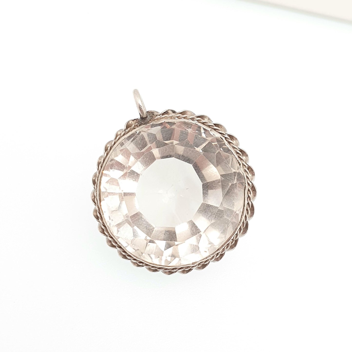 Antique Art Deco Rock Crystal Solid Silver Pendant White Quartz Necklace Genuine Real Large Faceted Gemstone Clear Jewelry Jewellery