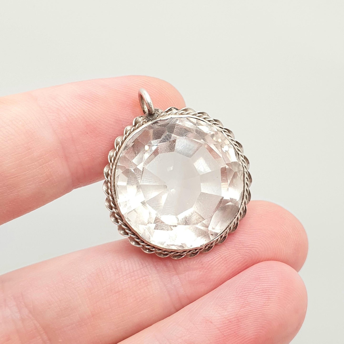 Antique Art Deco Rock Crystal Solid Silver Pendant White Quartz Necklace Genuine Real Large Faceted Gemstone Clear Jewelry Jewellery