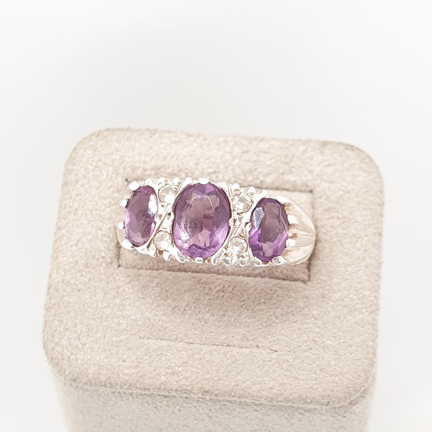 RESERVED/SOLD DON Vintage Sterling Silver Amethyst Ring Gypsy Large Gemstones White Quartz 1978 Hallmark Chunky Solid 925 Sparkly Retro Womens Jewelry