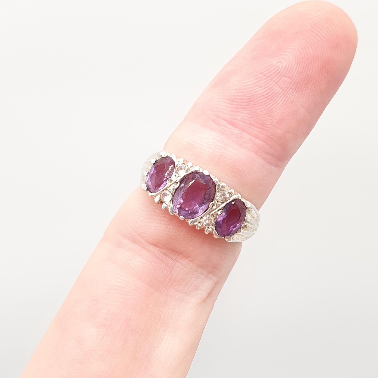 RESERVED/SOLD DON Vintage Sterling Silver Amethyst Ring Gypsy Large Gemstones White Quartz 1978 Hallmark Chunky Solid 925 Sparkly Retro Womens Jewelry