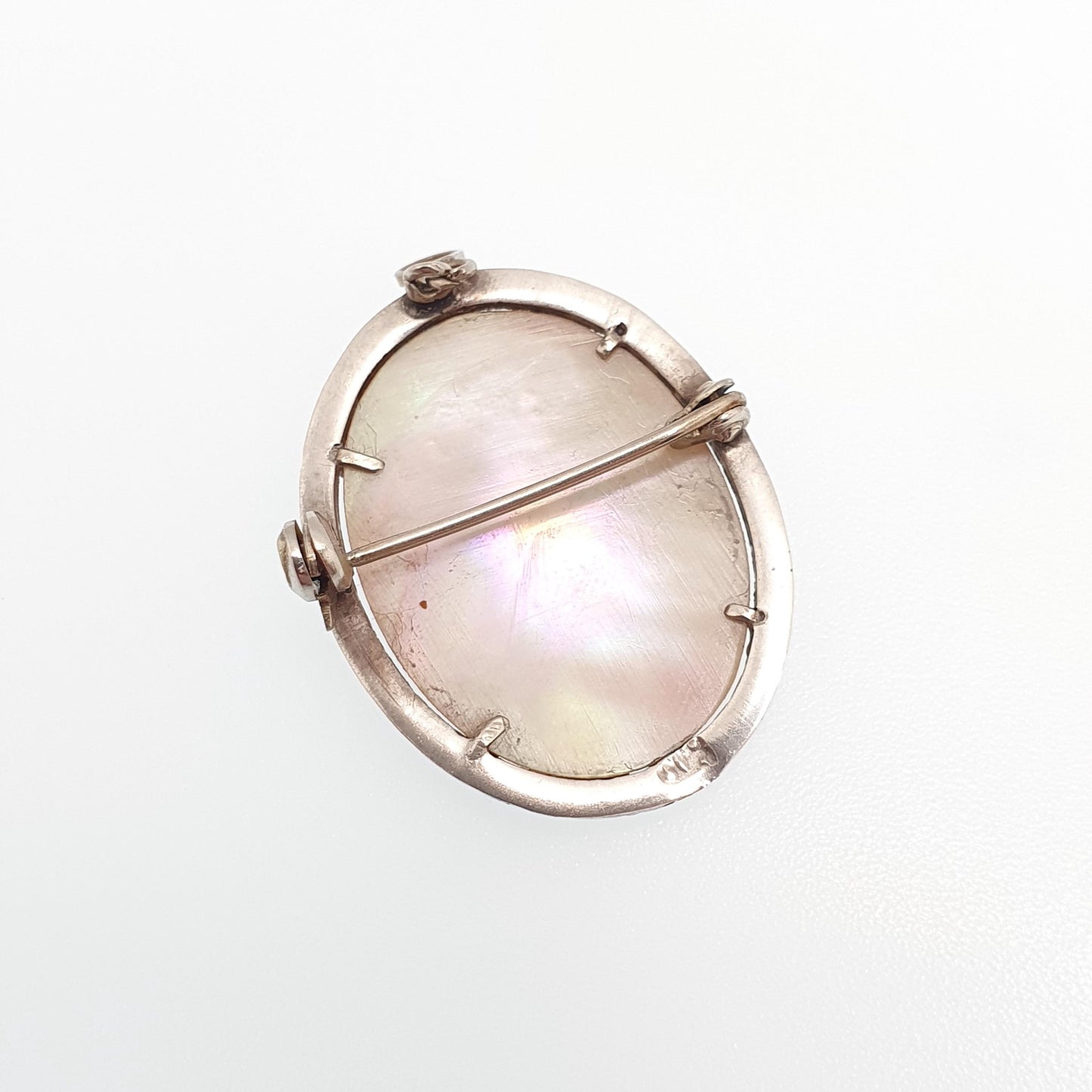 Antique Solid Silver Abalone Cameo Pendant Brooch Necklace Black White Shell Art Deco Marcasite Mother of Pearl Iridescent Womens Jewelry