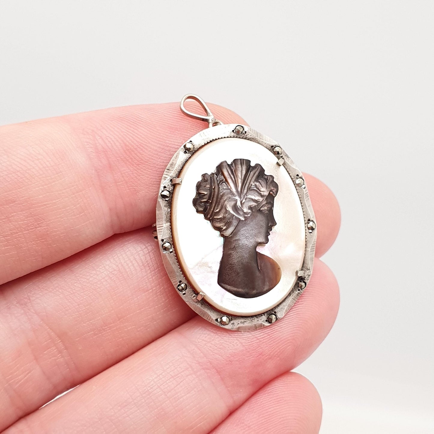 Antique Solid Silver Abalone Cameo Pendant Brooch Necklace Black White Shell Art Deco Marcasite Mother of Pearl Iridescent Womens Jewelry