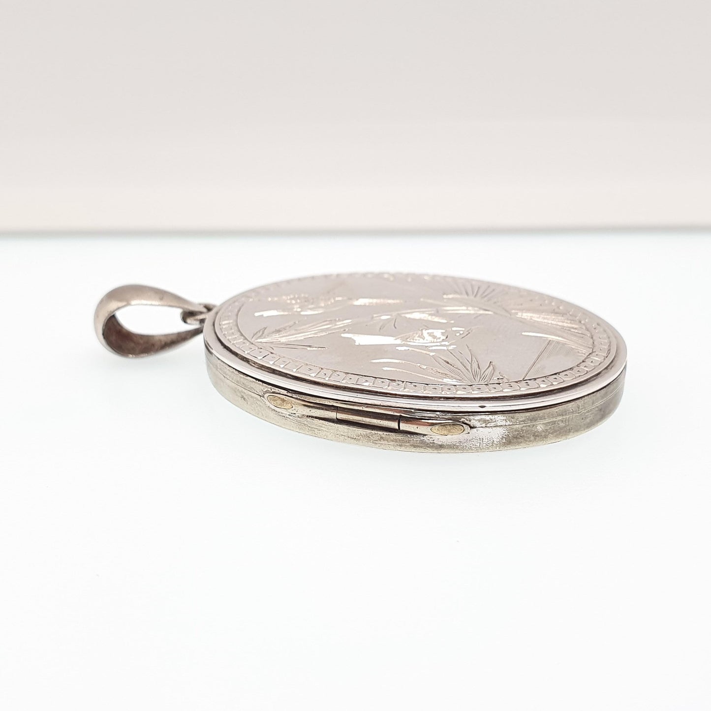 Antique Victorian Bird Locket Engraved Silver Tone Large Big Necklace Pendant Genuine 1800s Picture Photo Vintage Jewellery Jewelry