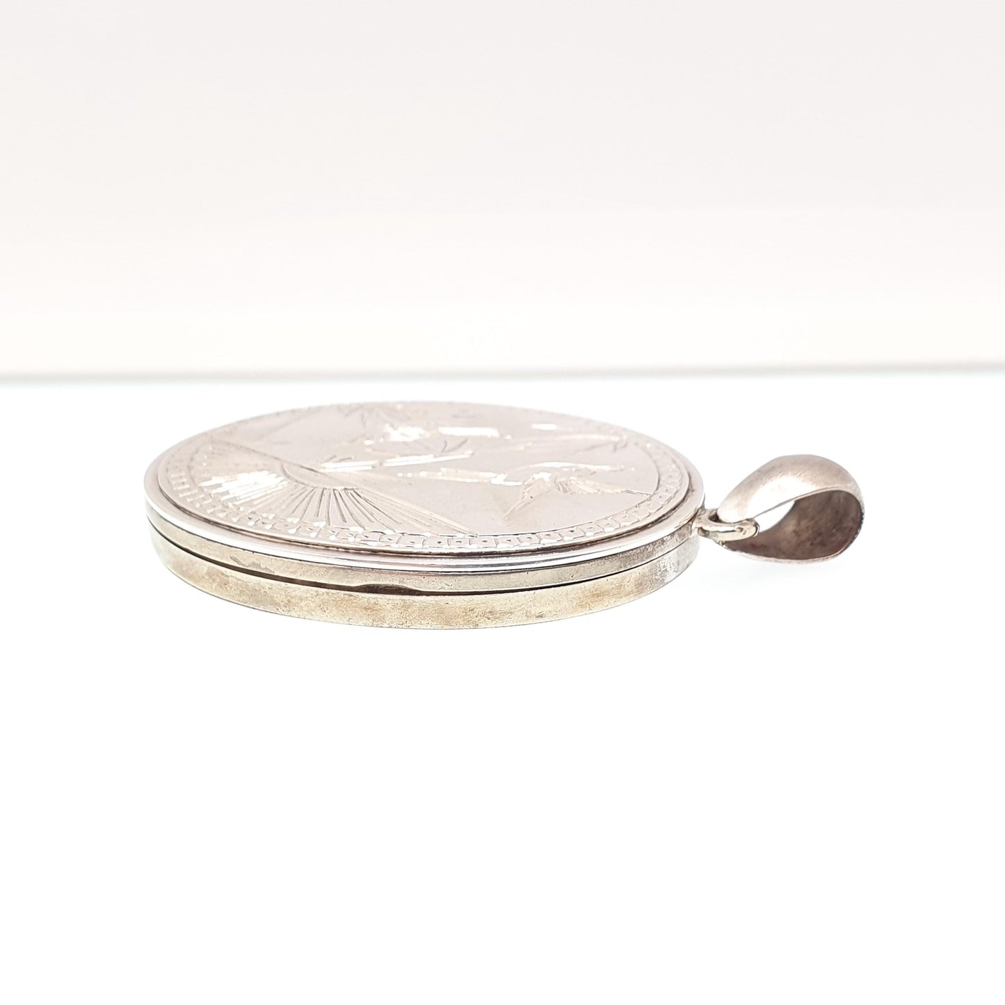 Antique Victorian Bird Locket Engraved Silver Tone Large Big Necklace Pendant Genuine 1800s Picture Photo Vintage Jewellery Jewelry