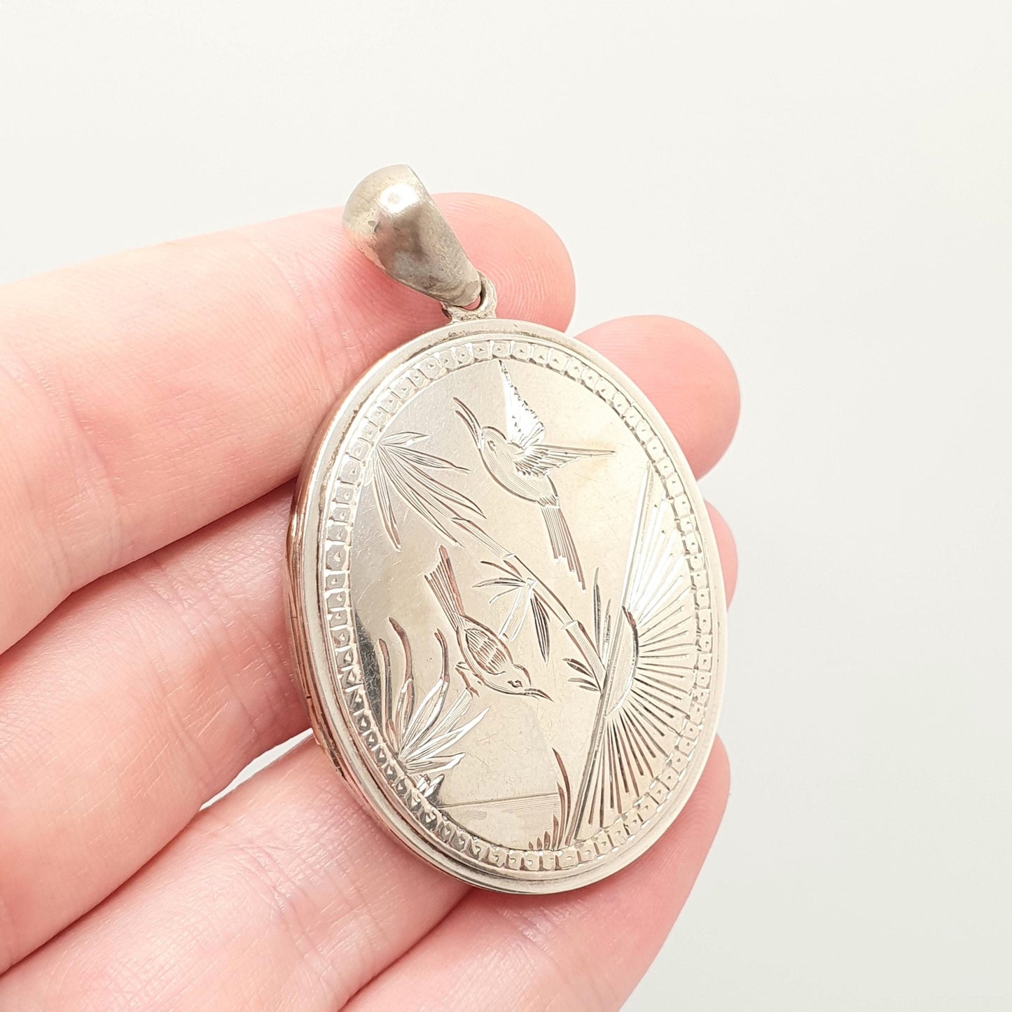 Antique Victorian Bird Locket Engraved Silver Tone Large Big Necklace Pendant Genuine 1800s Picture Photo Vintage Jewellery Jewelry
