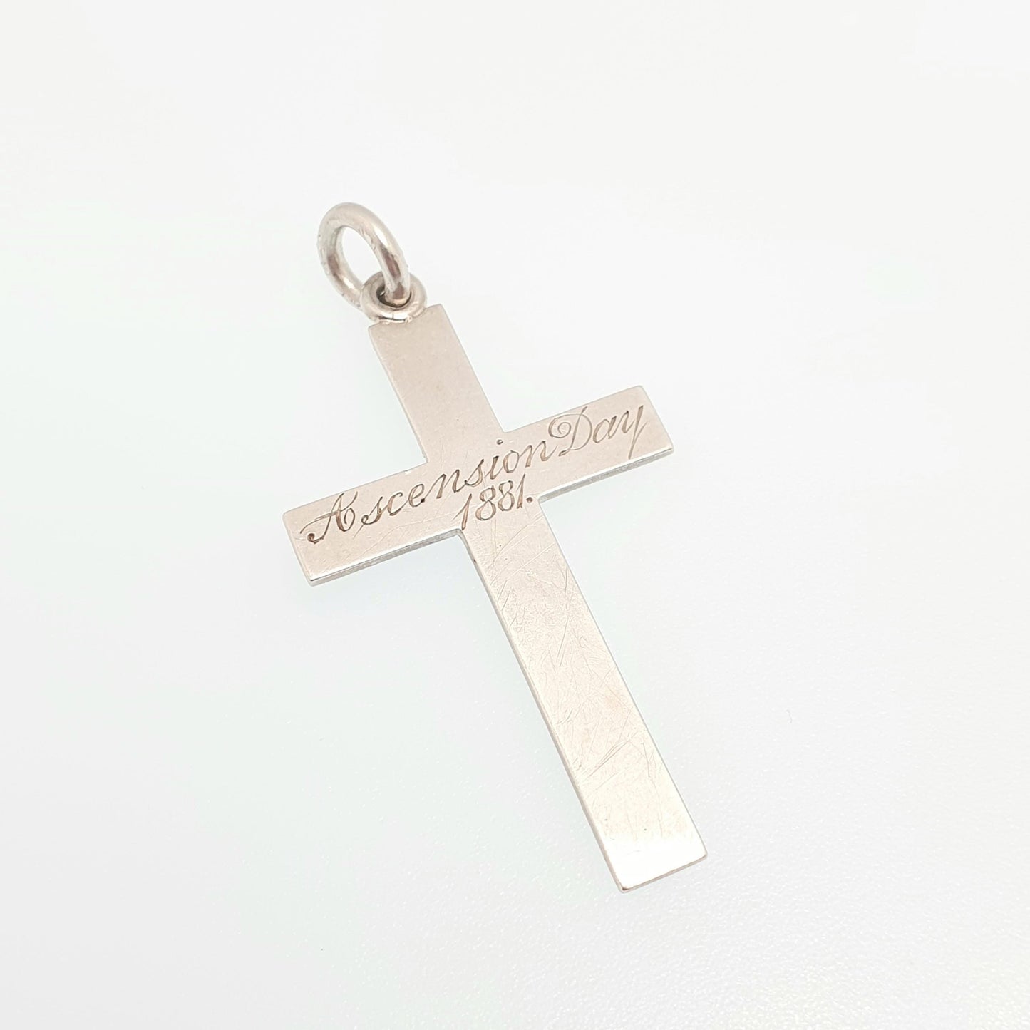 Antique Victorian Sterling Silver Crucifix Necklace Pendant Ascension Day 1881 Hallmark Engraved Cross Catholic Christian Jewelry Vintage