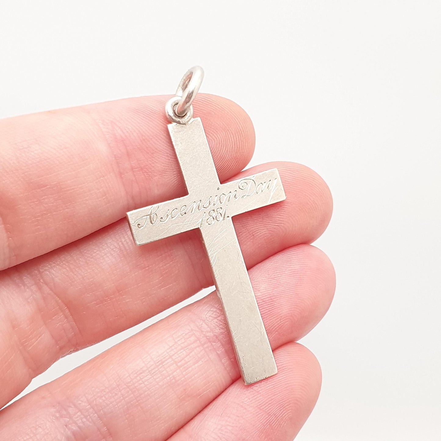 Antique Victorian Sterling Silver Crucifix Necklace Pendant Ascension Day 1881 Hallmark Engraved Cross Catholic Christian Jewelry Vintage