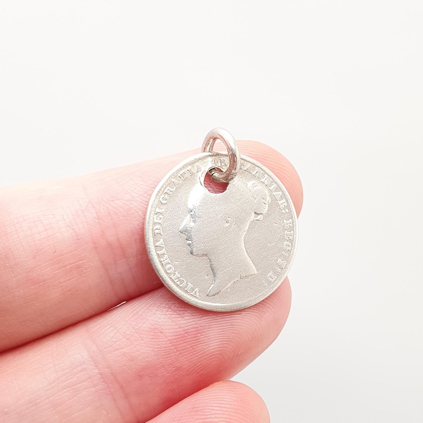 Antique Victorian Six Pence Silver Coin Necklace Pendant 1844 Early Young Queen Victoria Bracelet Charm Mens Womens Royalty Great Britain