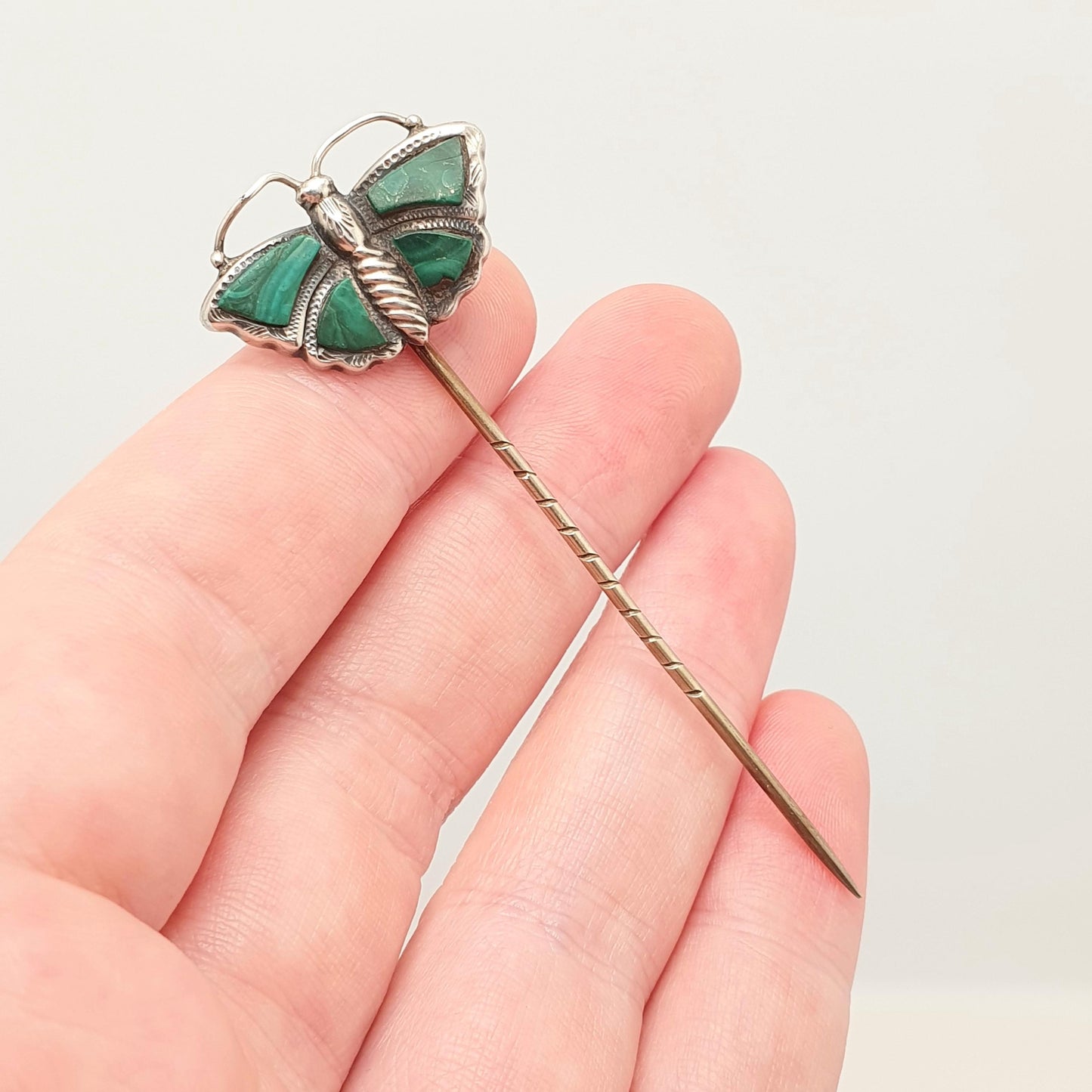 Antique Solid Silver Butterfly Malachite Stick Pin Victorian Scottish Insect Bug Genuine Vintage Lapel Jacket Gents Mens Jewelry Jewellery