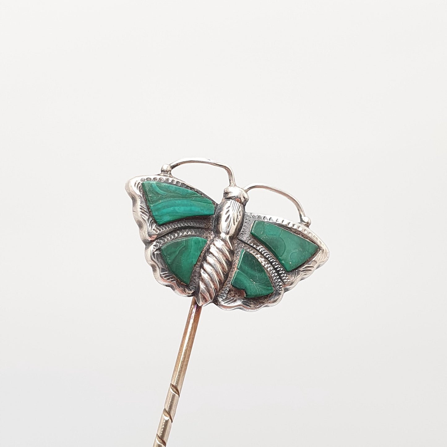 Antique Solid Silver Butterfly Malachite Stick Pin Victorian Scottish Insect Bug Genuine Vintage Lapel Jacket Gents Mens Jewelry Jewellery
