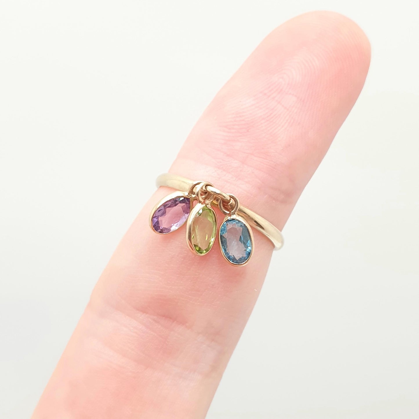Solid 9ct Gold Olivine Peridot Ring Amethyst Blue Topaz Vintage Hanging Dangling Stacker Genuine Gemstone Drop Retro Jewelry Jewellery