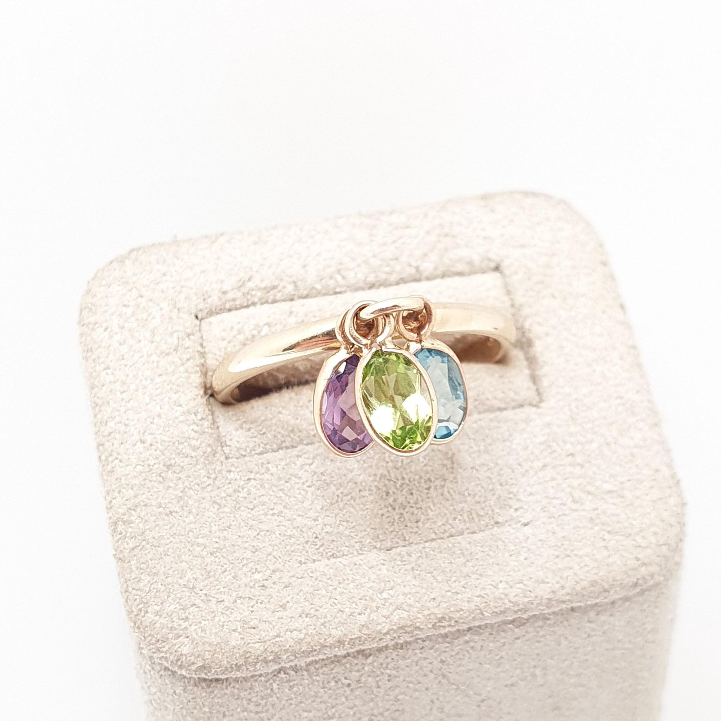 Solid 9ct Gold Olivine Peridot Ring Amethyst Blue Topaz Vintage Hanging Dangling Stacker Genuine Gemstone Drop Retro Jewelry Jewellery