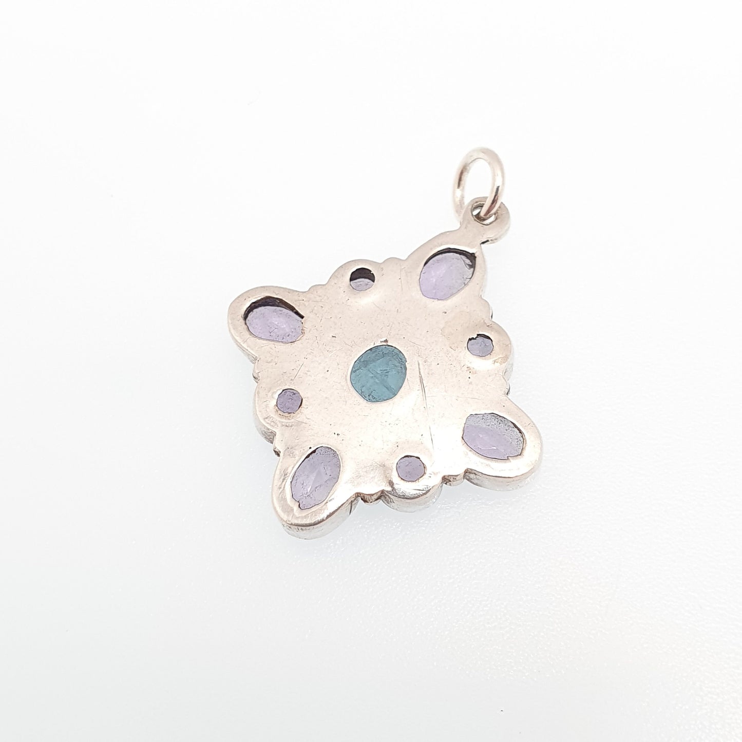 Vintage Solid Silver Amethyst Cluster Pendant Necklace Blue Spinel Centre Indian Asian Genuine Sparkly Gemstones Womens Jewelry Jewellery