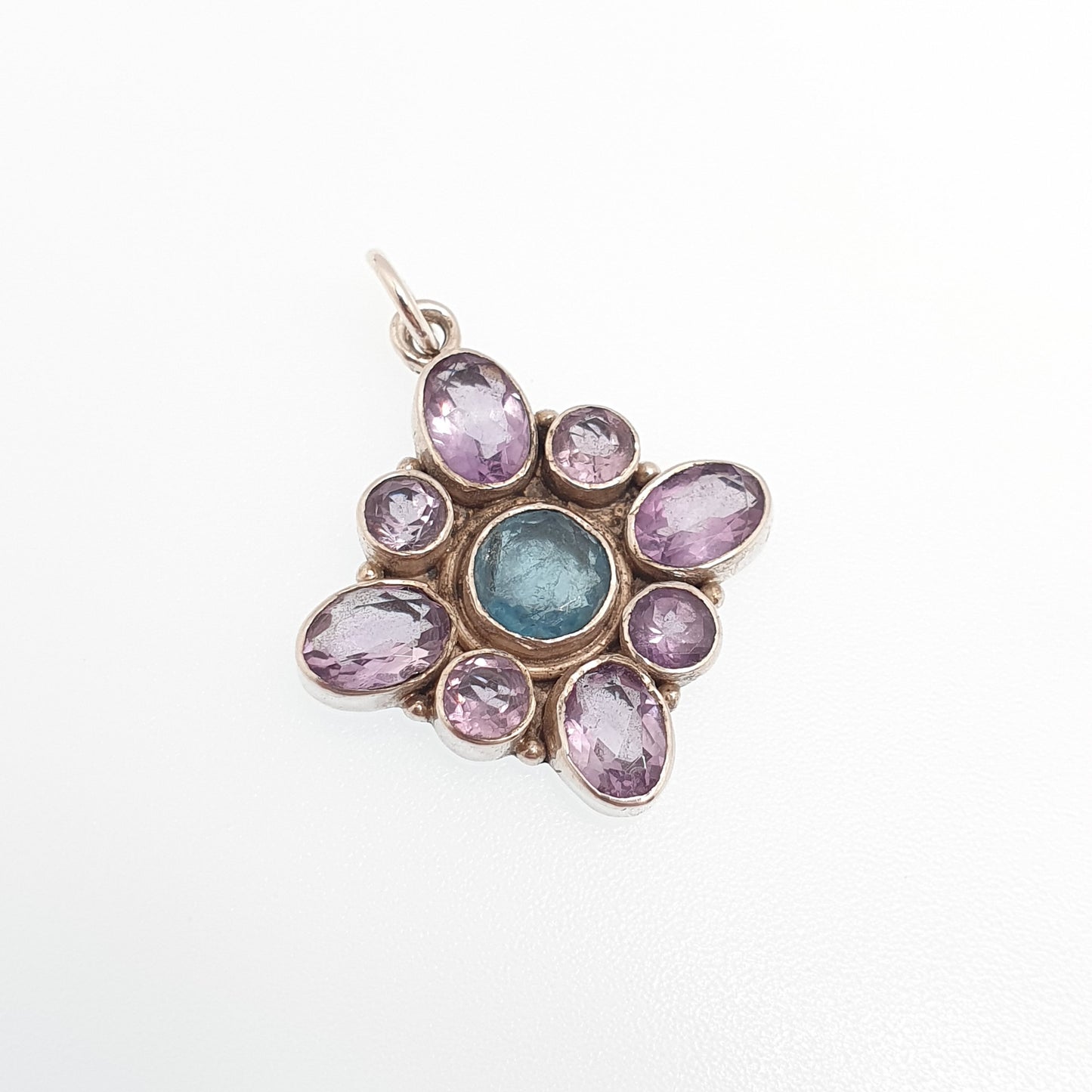 Vintage Solid Silver Amethyst Cluster Pendant Necklace Blue Spinel Centre Indian Asian Genuine Sparkly Gemstones Womens Jewelry Jewellery