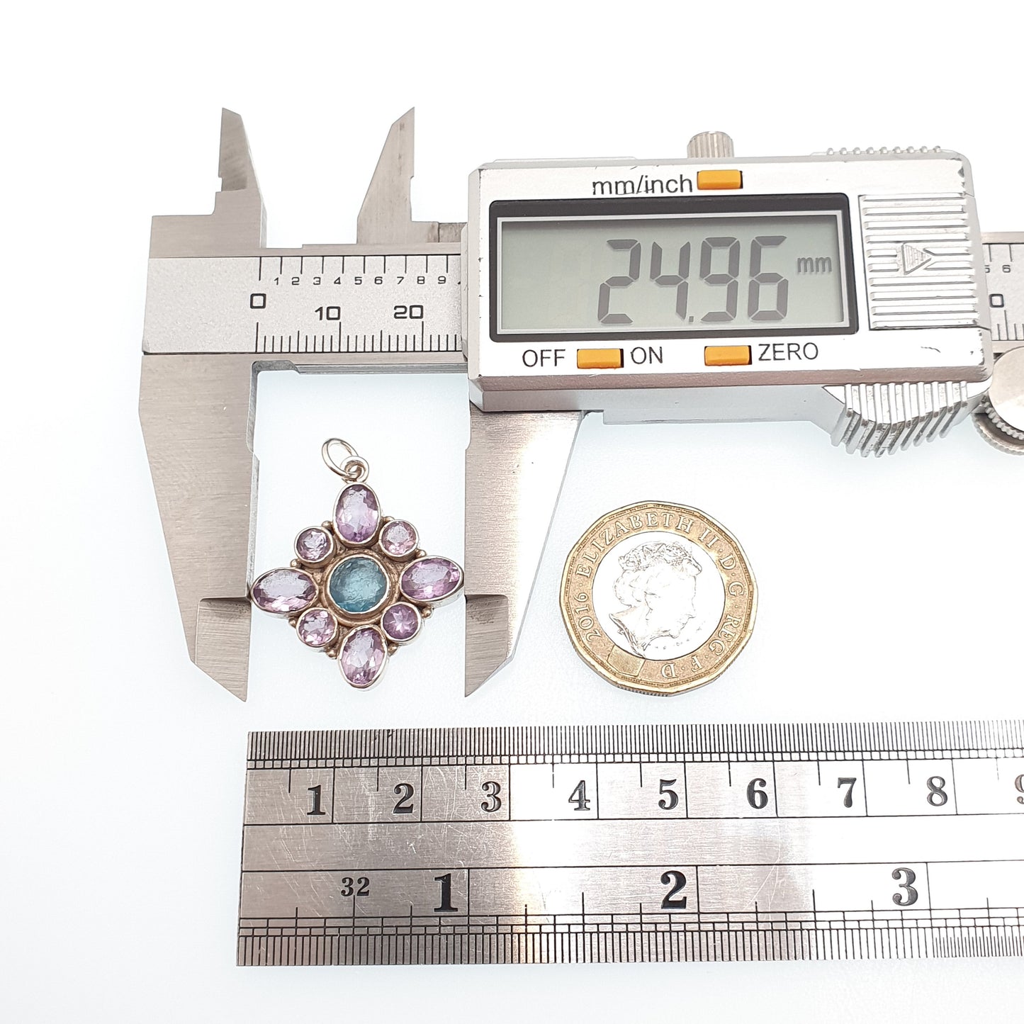 Vintage Solid Silver Amethyst Cluster Pendant Necklace Blue Spinel Centre Indian Asian Genuine Sparkly Gemstones Womens Jewelry Jewellery
