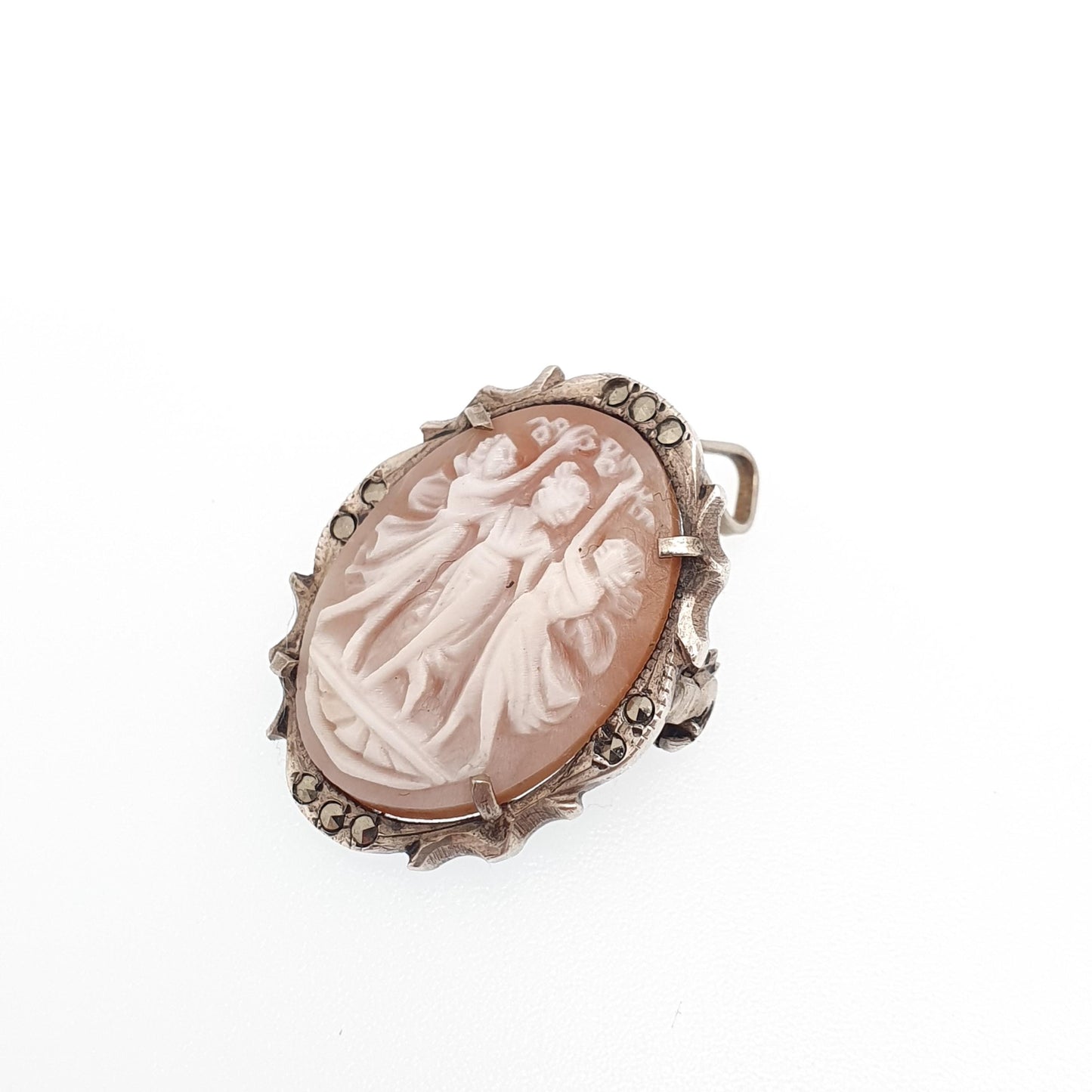 Antique Solid Silver Three Graces Cameo Brooch Pin Marcasite Art Deco Shell Hand Carved Italian Vintage 1920s Jewelry Jewellery Jewelry