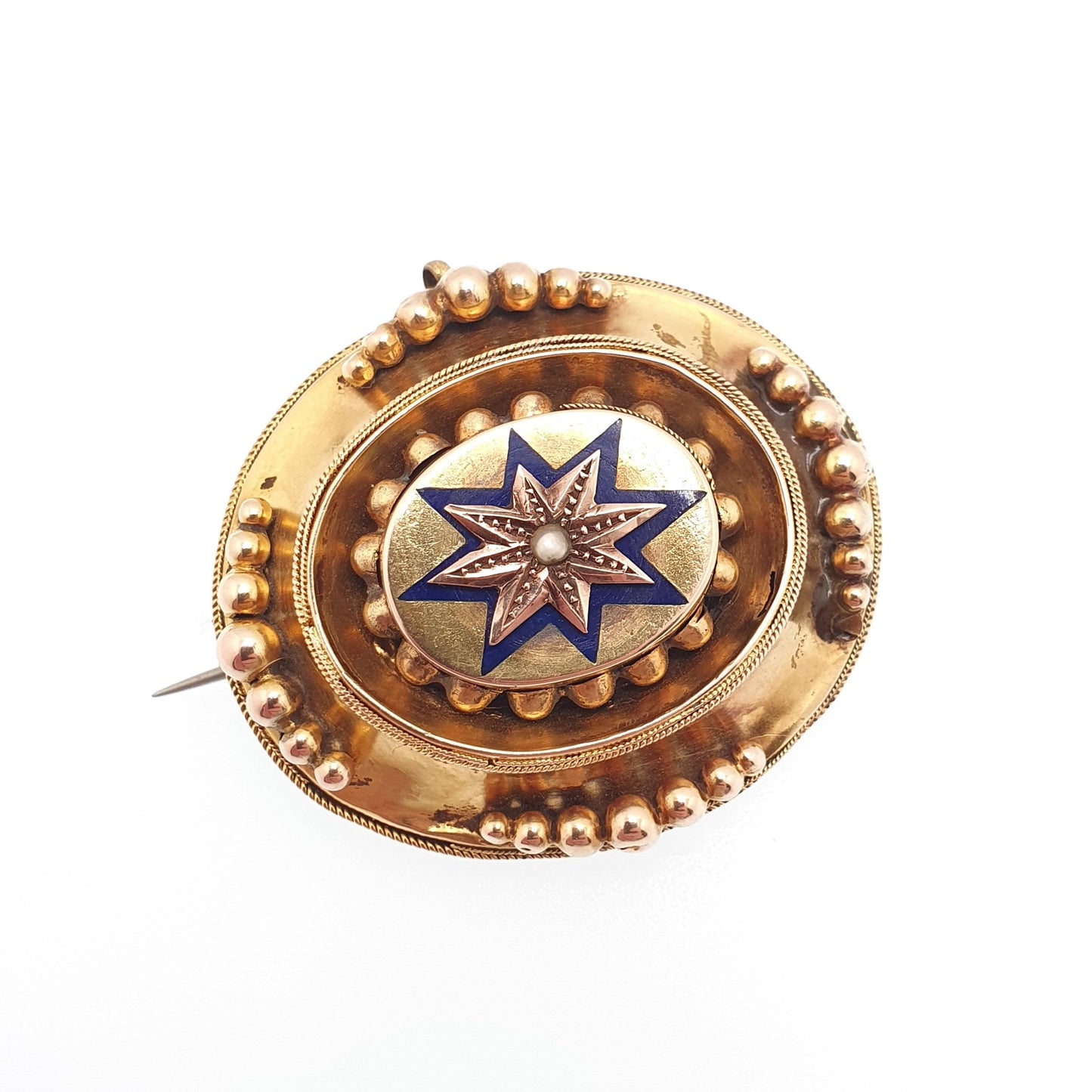 Antique Victorian 9ct Gold Brooch Star Blue Enamel Mourning Locket Solid 375 9k Seed Pearl Etruscan Revival Vintage Womens Jewelry Jewellery