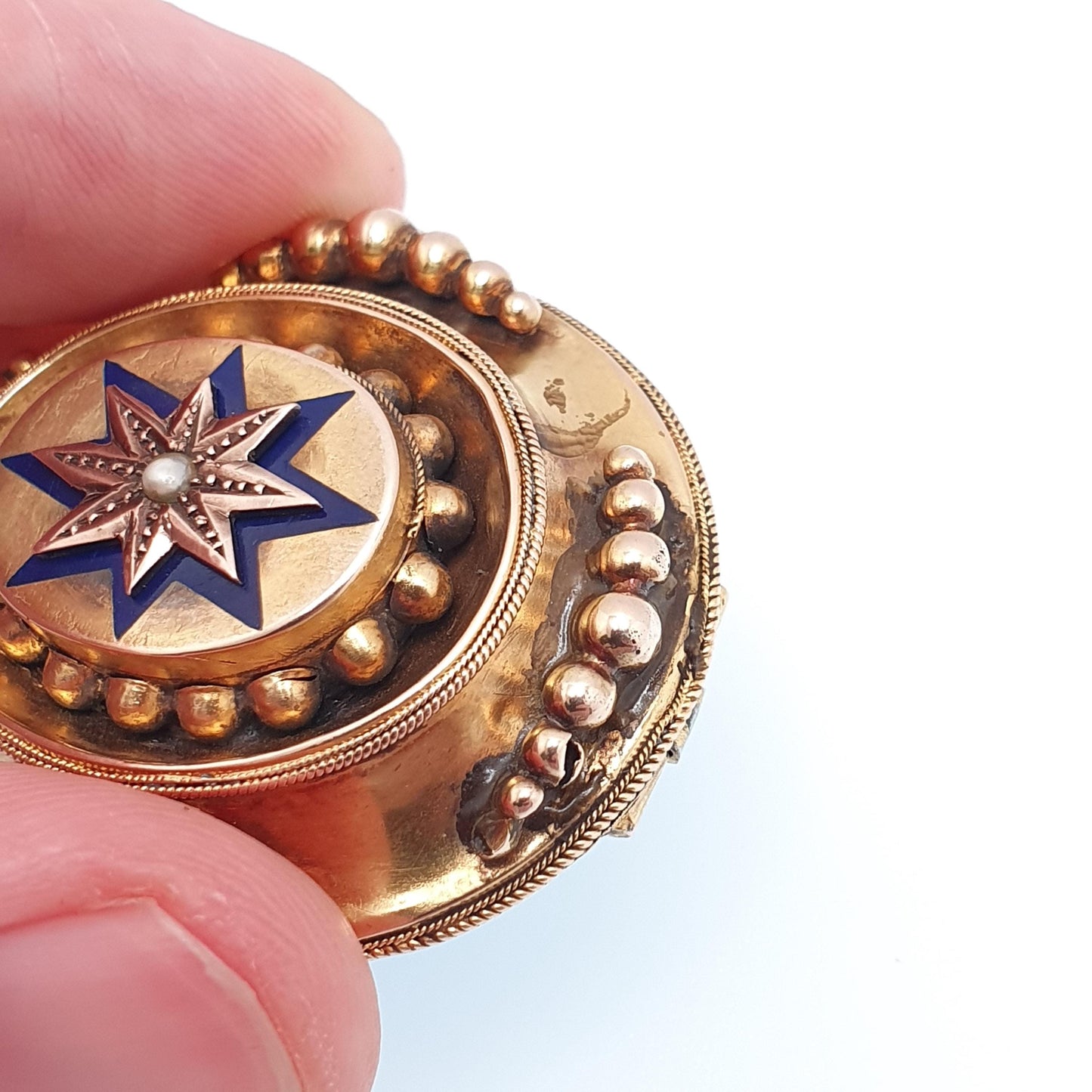 Antique Victorian 9ct Gold Brooch Star Blue Enamel Mourning Locket Solid 375 9k Seed Pearl Etruscan Revival Vintage Womens Jewelry Jewellery