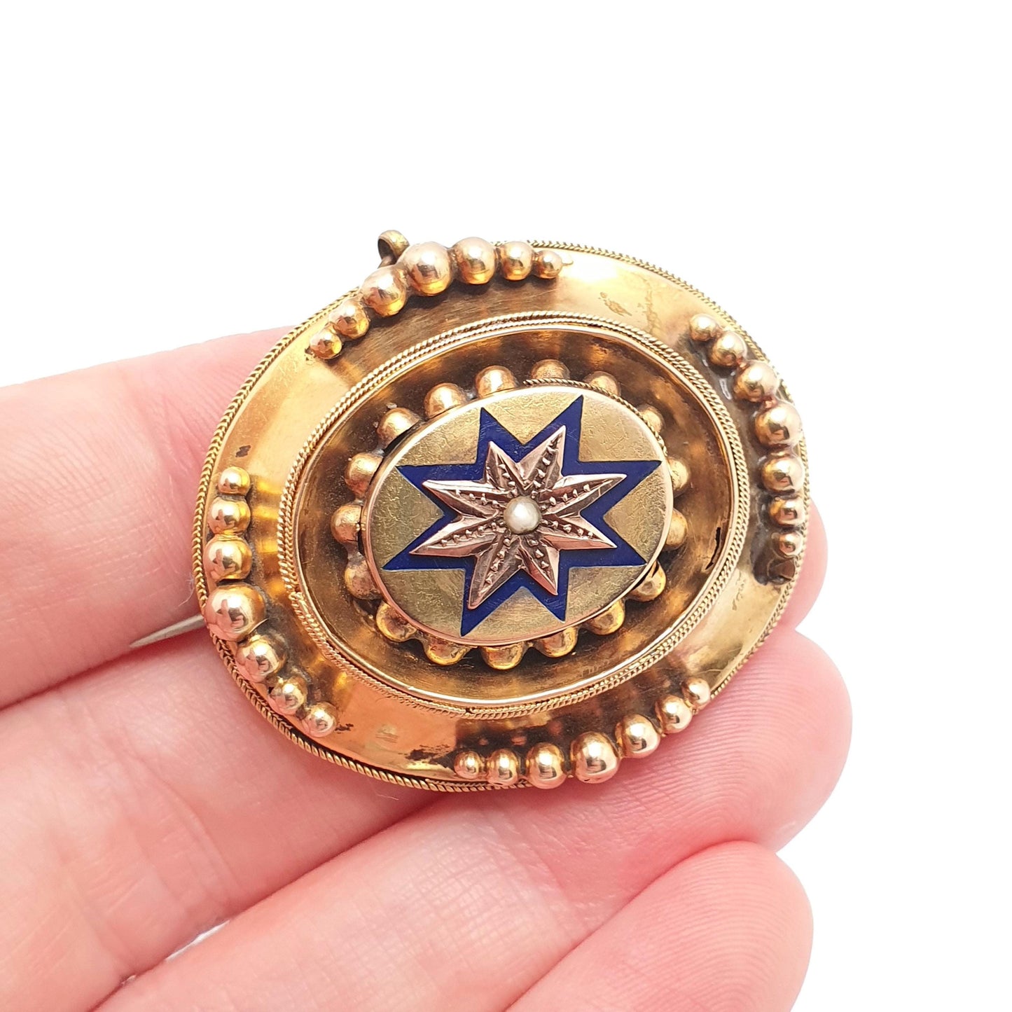 Antique Victorian 9ct Gold Brooch Star Blue Enamel Mourning Locket Solid 375 9k Seed Pearl Etruscan Revival Vintage Womens Jewelry Jewellery