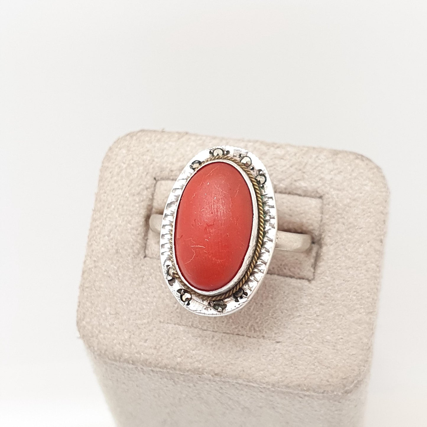 Antique Red Coral Solid Silver Ring Art Deco Genuine Marcasite Cabochon Vintage 1920s Cocktail Womens Vintage Ladies Jewelry Jewellery