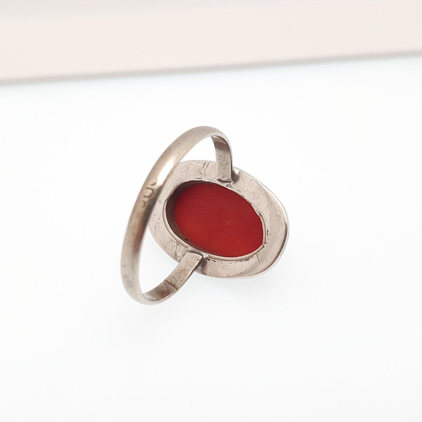 Antique Red Coral Solid Silver Ring Art Deco Genuine Marcasite Cabochon Vintage 1920s Cocktail Womens Vintage Ladies Jewelry Jewellery