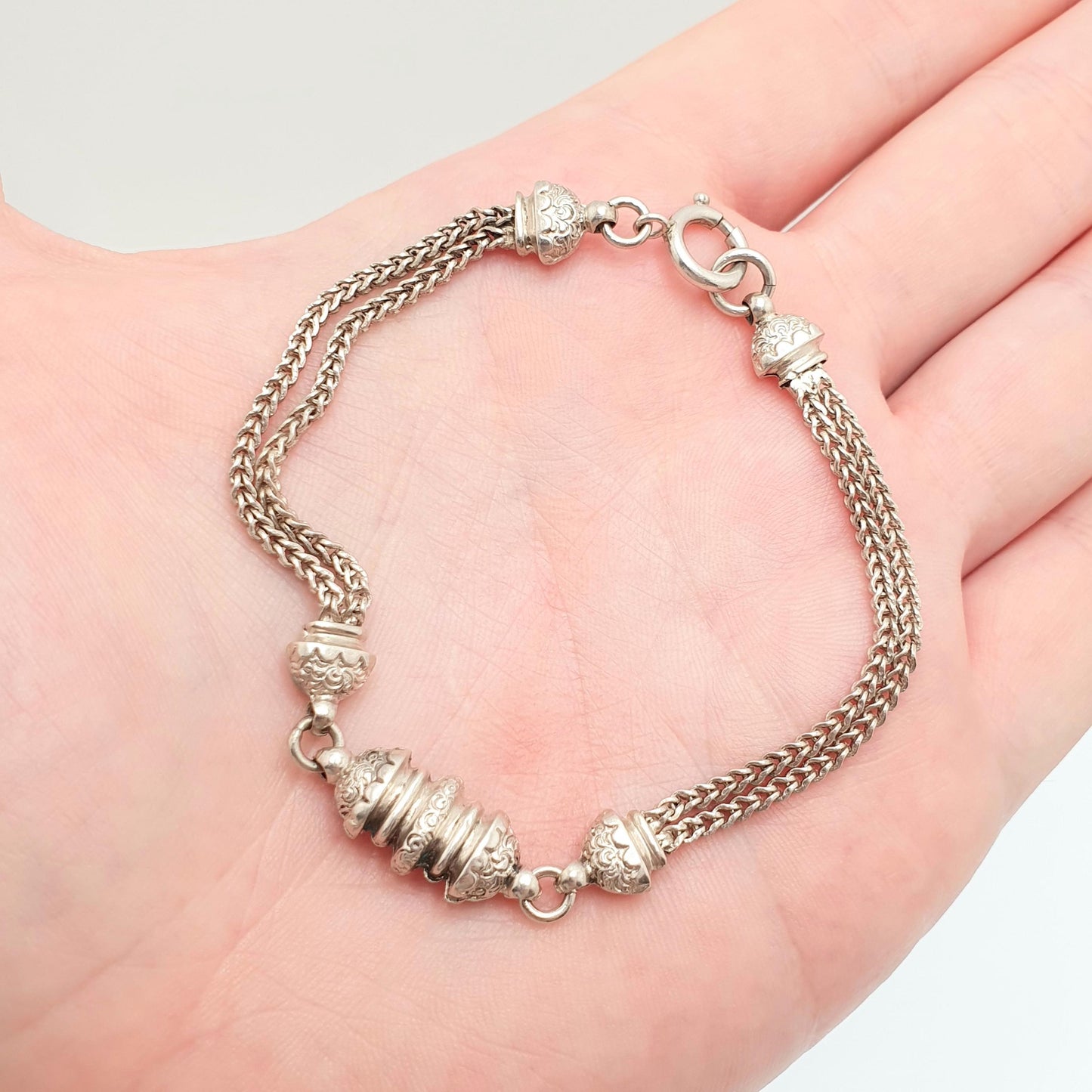 Antique Solid Silver Albertina Bracelet Victorian Foxtail Link Engraved Chain 7.73g 19.5cm Aesthetic Vintage Gift Womens Jewelry Jewellery