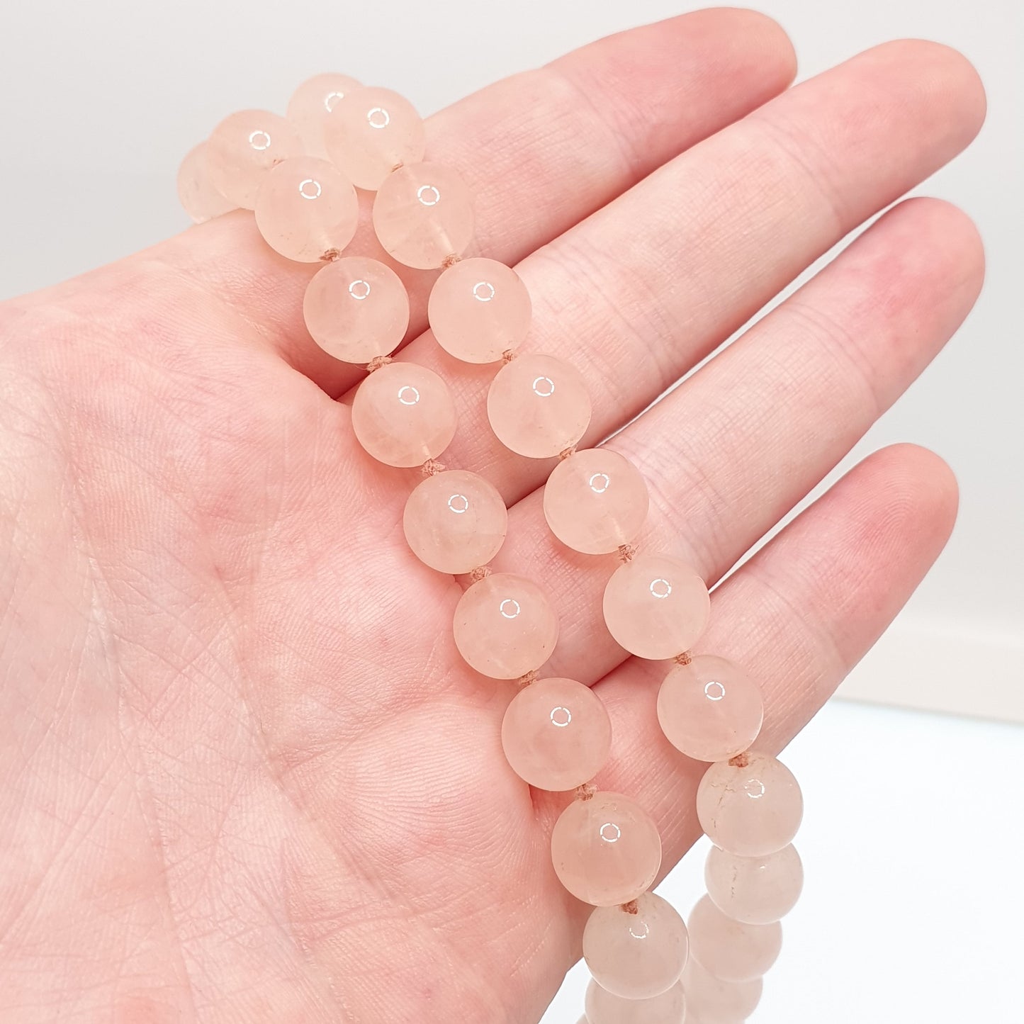 Antique Rose Quartz Bead Necklace Art Deco Long 55cm 21.6" Pink Gemstone Vintage 1920s Hand Knotted Each Bead Round Large Jewelry Jewellery