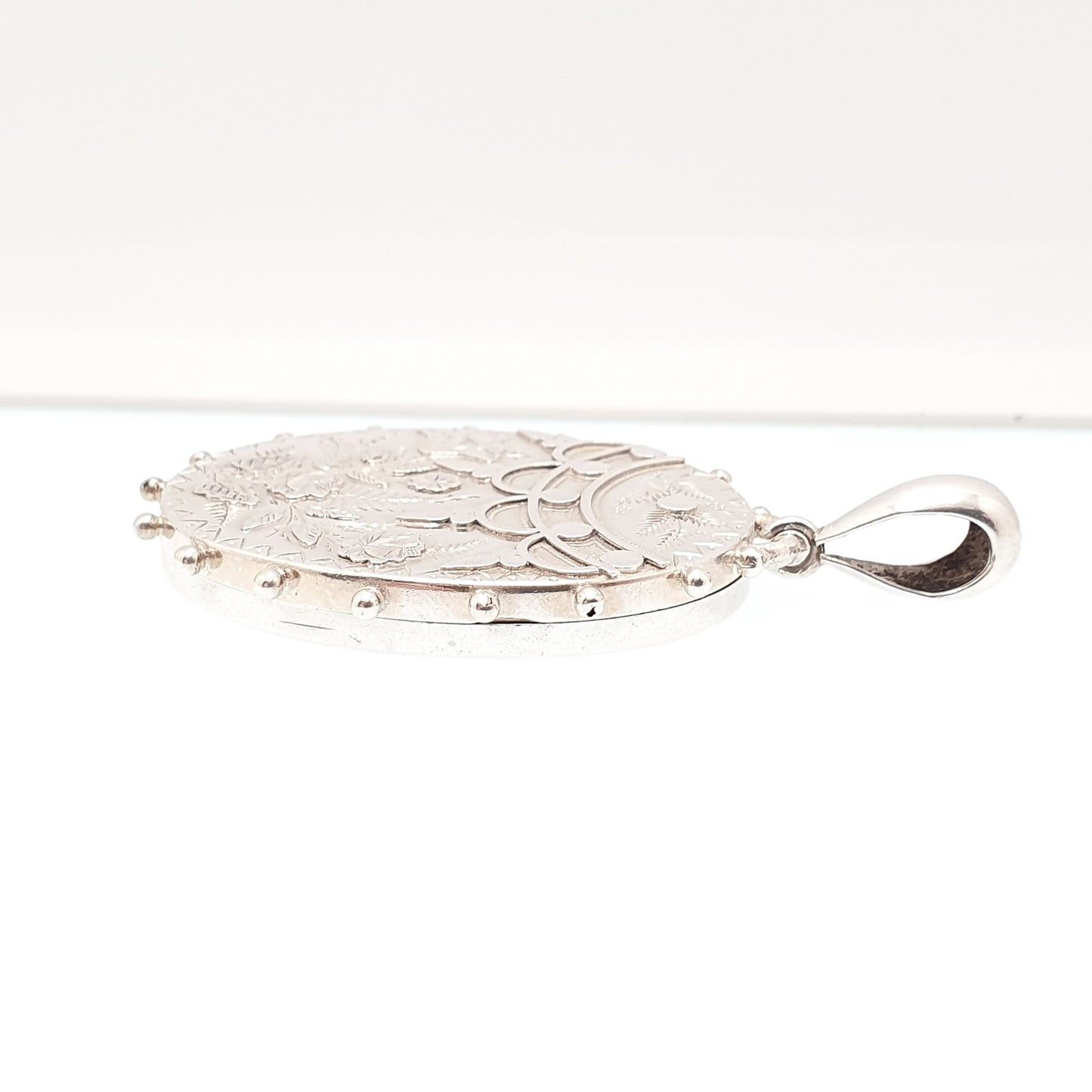 Antique Victorian Sterling Silver Locket 1882 Beaded Engraved Large Big Oval Pendant Picture Photo 1800s Vintage Womens Jewelry Jewellery