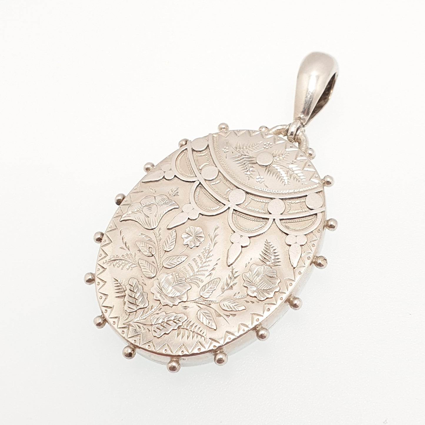 Antique Victorian Sterling Silver Locket 1882 Beaded Engraved Large Big Oval Pendant Picture Photo 1800s Vintage Womens Jewelry Jewellery