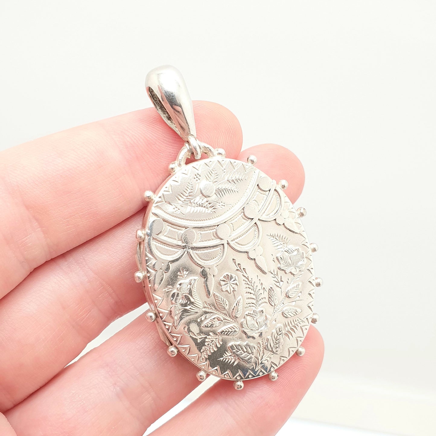 Antique Victorian Sterling Silver Locket 1882 Beaded Engraved Large Big Oval Pendant Picture Photo 1800s Vintage Womens Jewelry Jewellery