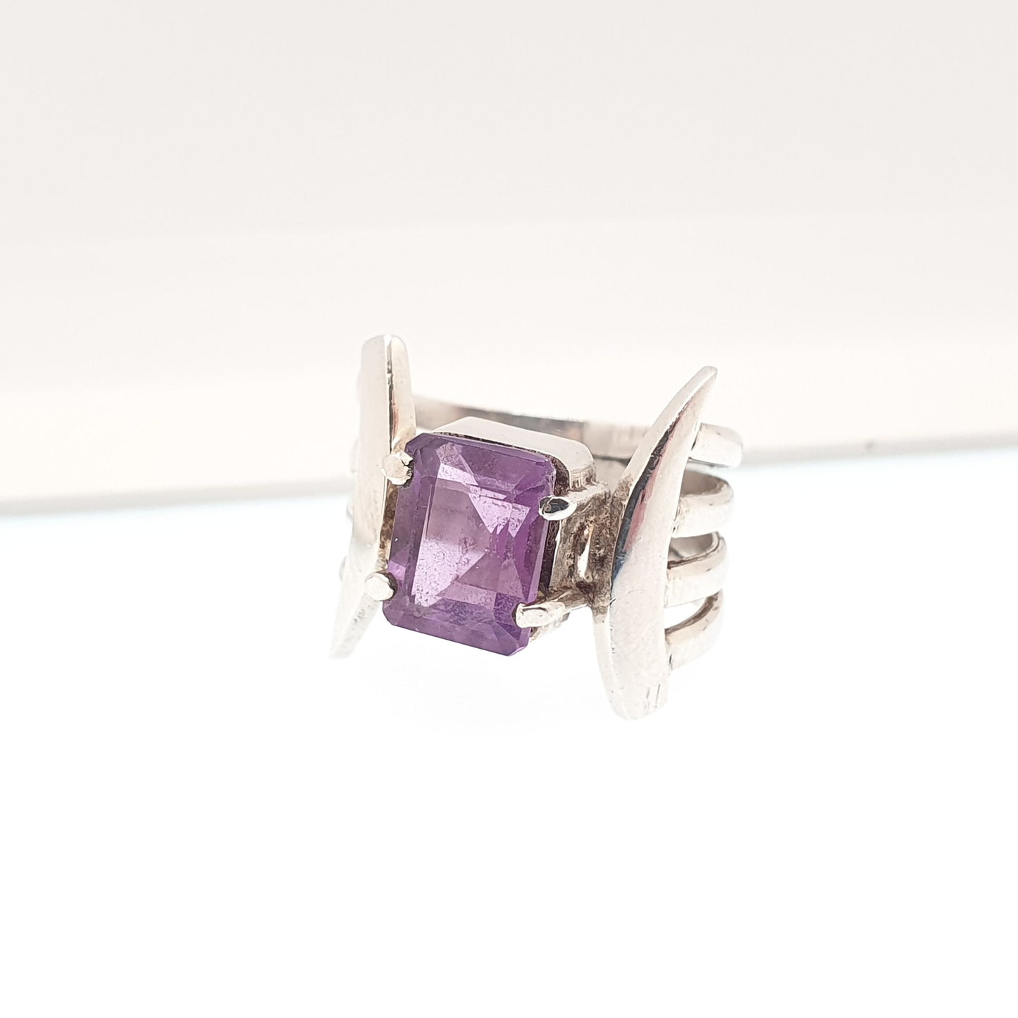 Vintage Amethyst Sterling Silver Ring Rectangular Cut Brutalist Large Big Gemstone Genuine Real Retro Solid 925 Womens Jewelry Jewellery