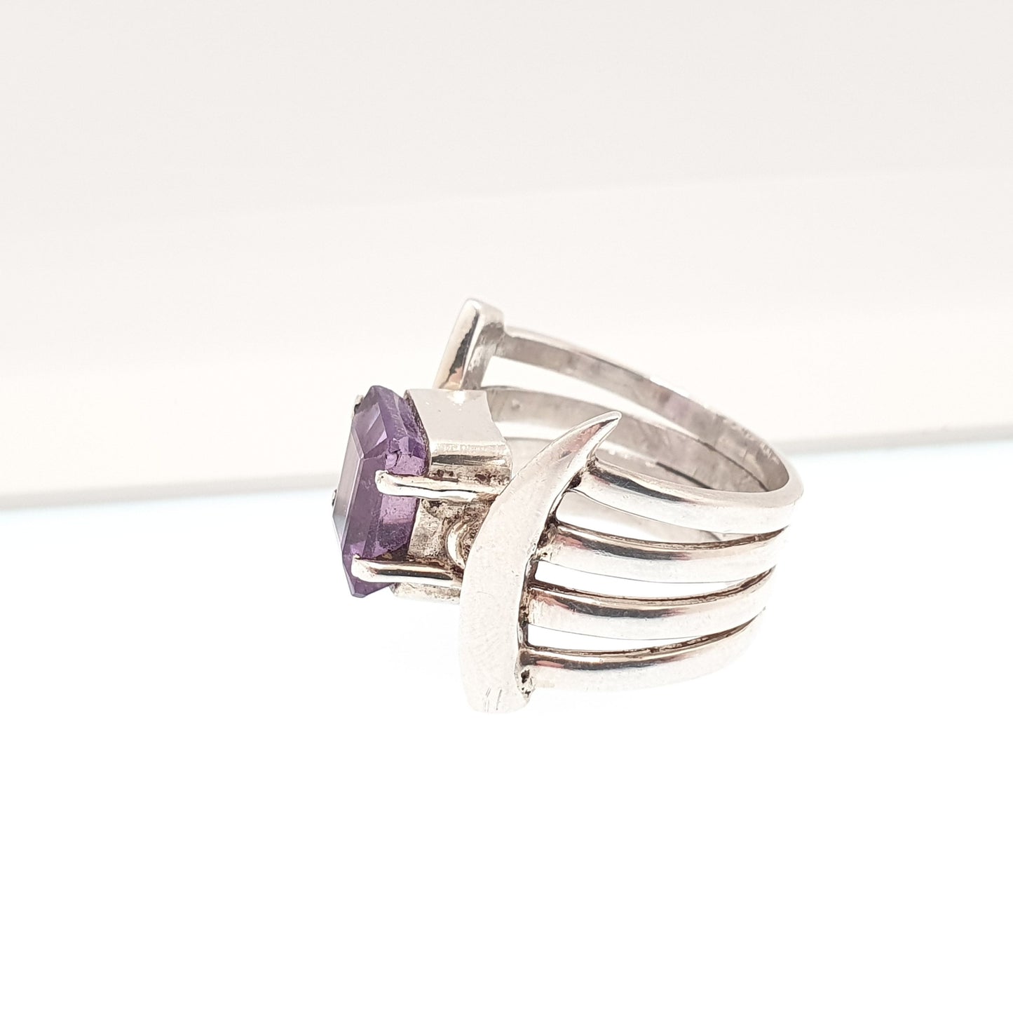 Vintage Amethyst Sterling Silver Ring Rectangular Cut Brutalist Large Big Gemstone Genuine Real Retro Solid 925 Womens Jewelry Jewellery
