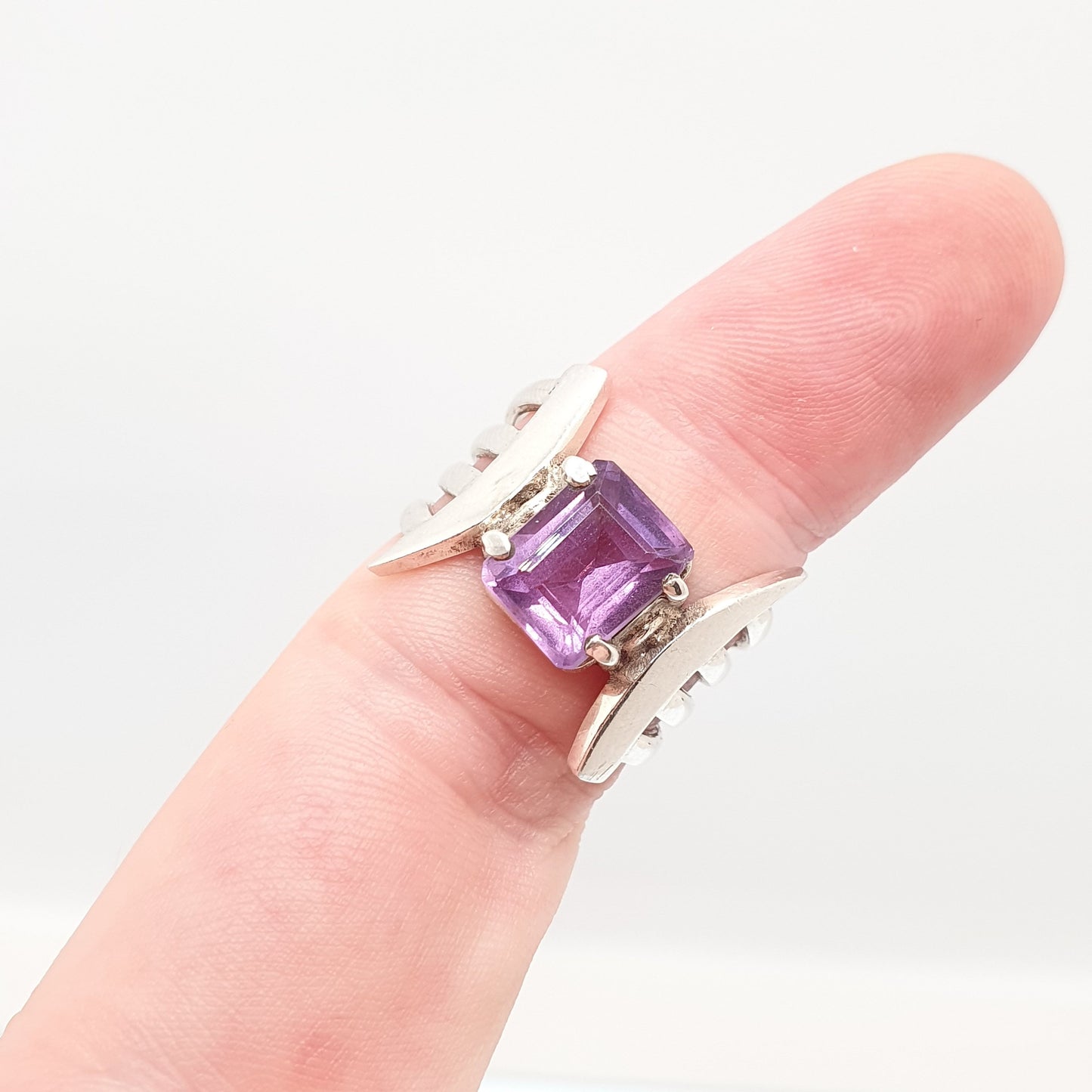 Vintage Amethyst Sterling Silver Ring Rectangular Cut Brutalist Large Big Gemstone Genuine Real Retro Solid 925 Womens Jewelry Jewellery