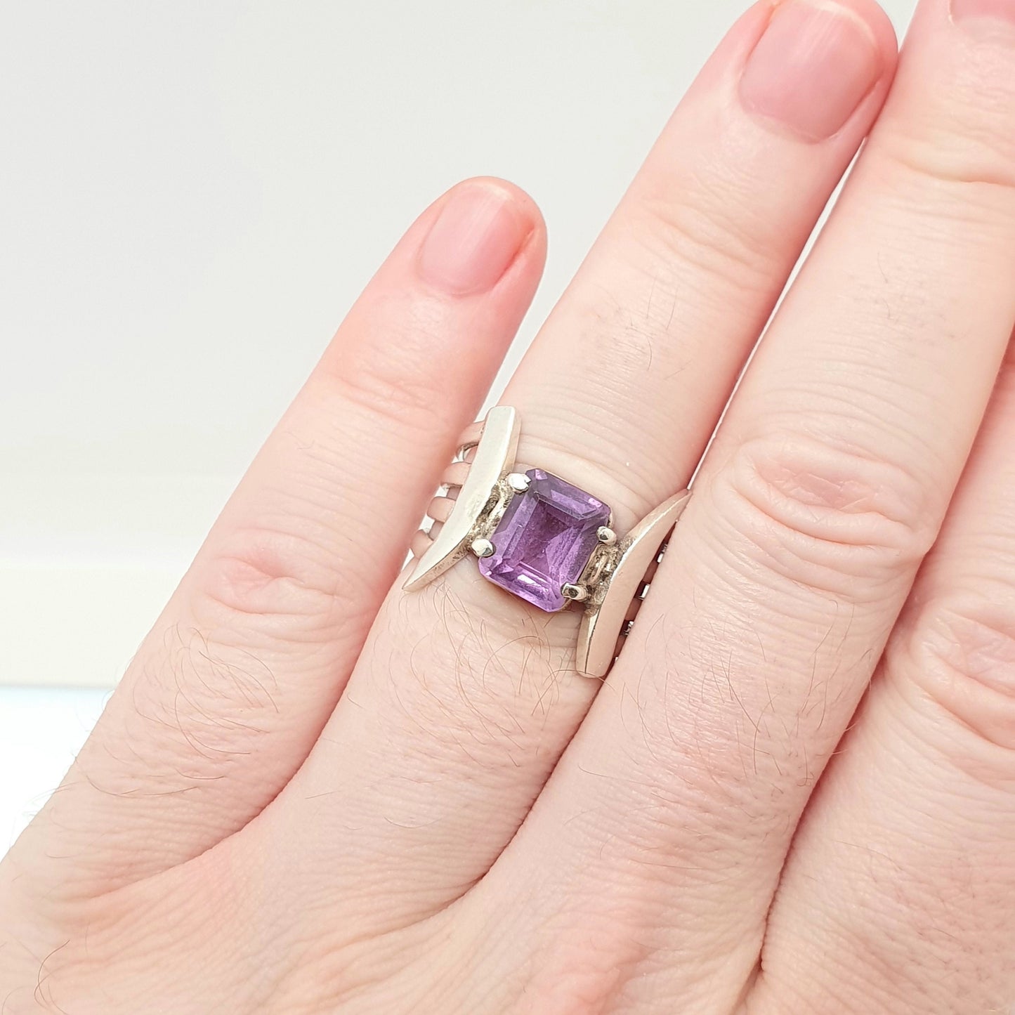 Vintage Amethyst Sterling Silver Ring Rectangular Cut Brutalist Large Big Gemstone Genuine Real Retro Solid 925 Womens Jewelry Jewellery