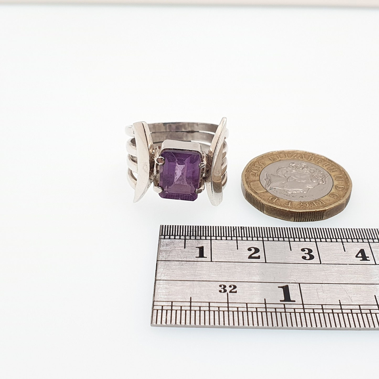 Vintage Amethyst Sterling Silver Ring Rectangular Cut Brutalist Large Big Gemstone Genuine Real Retro Solid 925 Womens Jewelry Jewellery