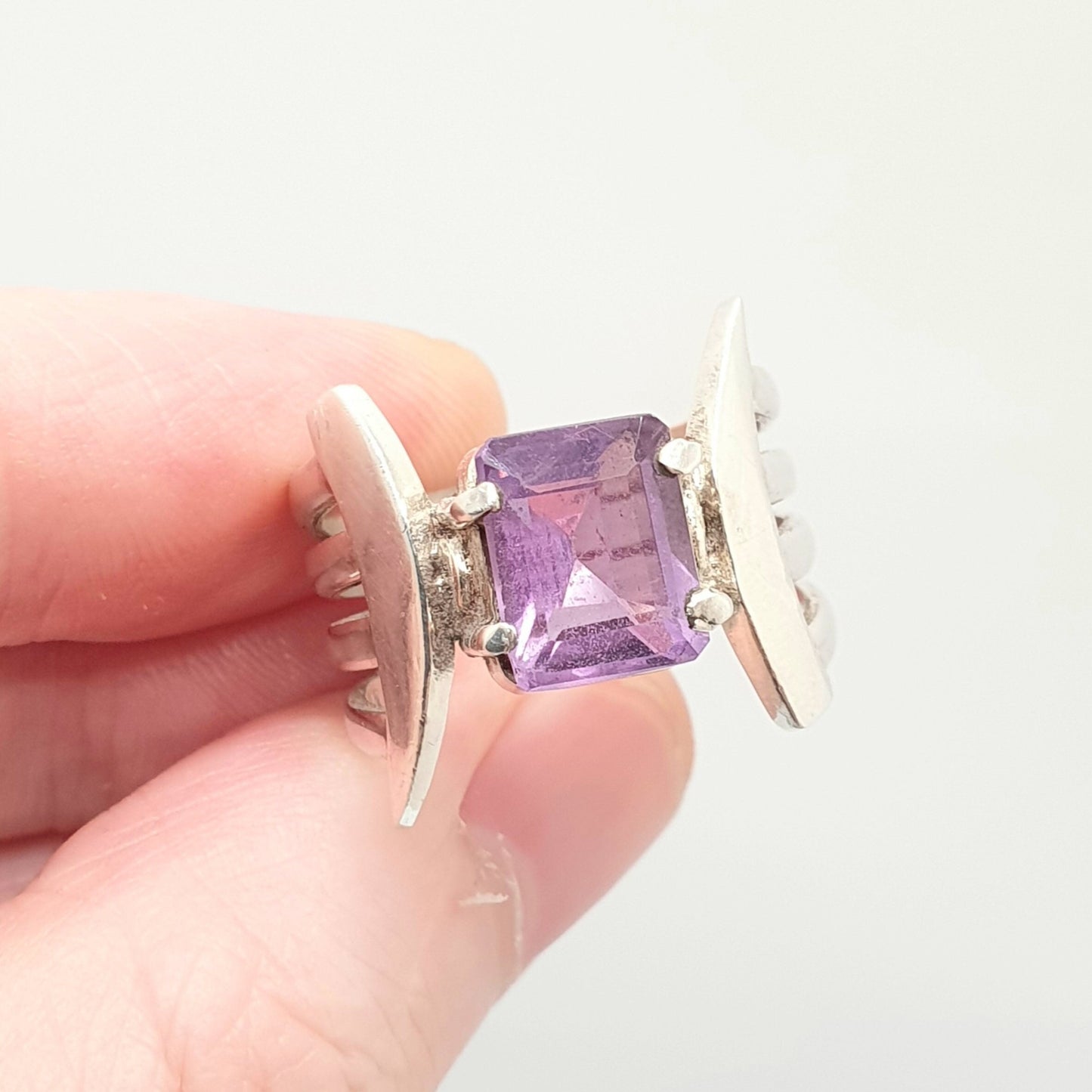 Vintage Amethyst Sterling Silver Ring Rectangular Cut Brutalist Large Big Gemstone Genuine Real Retro Solid 925 Womens Jewelry Jewellery