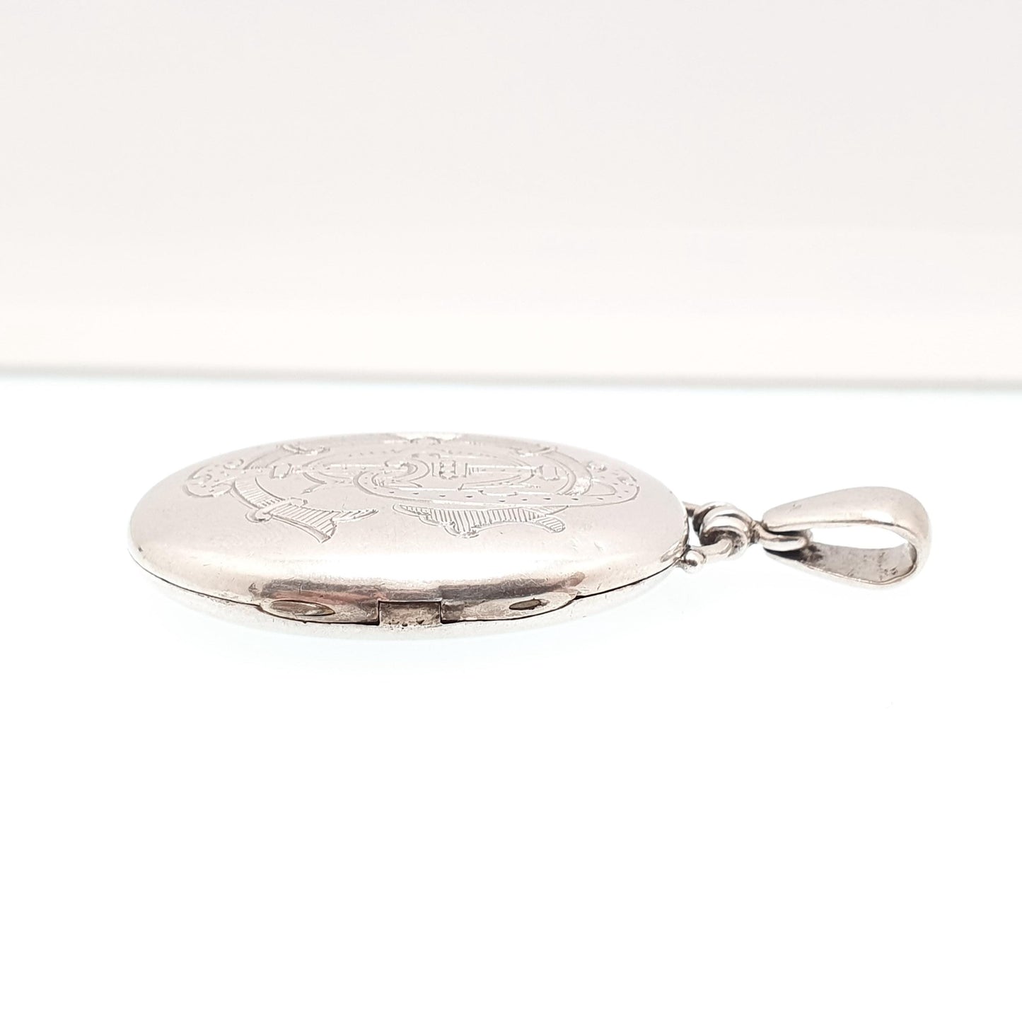 Antique Victorian Solid Silver Locket Monogram Engraved Large Big Oval Pendant Picture Photo 1800s Vintage Womens Jewelry Jewellery