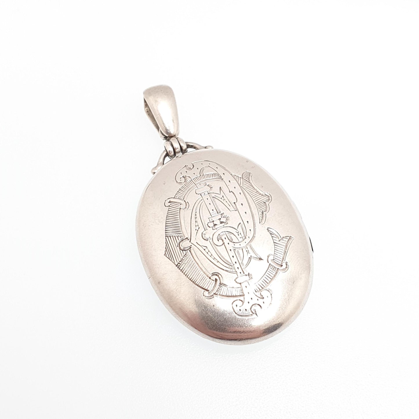 Antique Victorian Solid Silver Locket Monogram Engraved Large Big Oval Pendant Picture Photo 1800s Vintage Womens Jewelry Jewellery