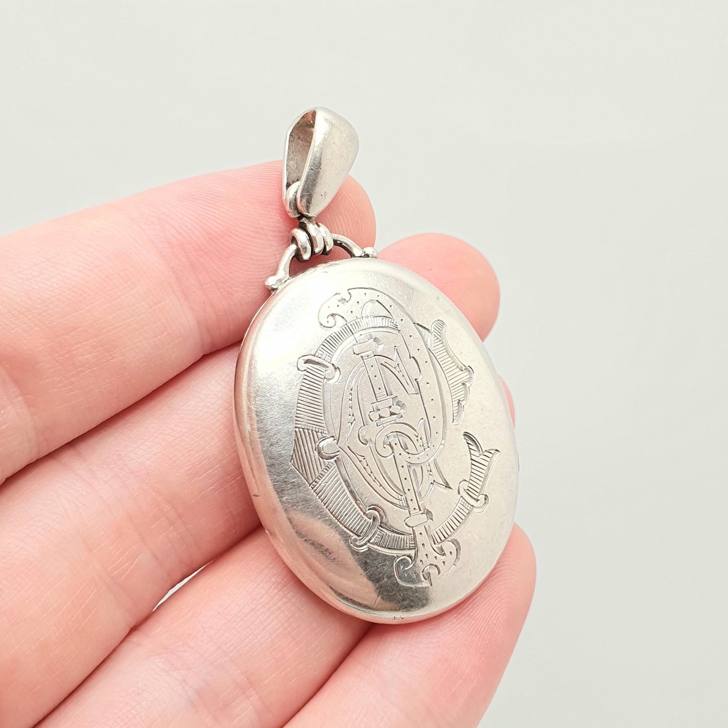 Antique Victorian Solid Silver Locket Monogram Engraved Large Big Oval Pendant Picture Photo 1800s Vintage Womens Jewelry Jewellery