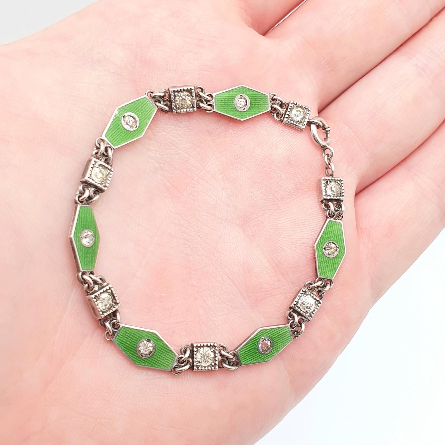 Antique Sterling Silver Enamel Bracelet Diamond Paste Art Deco Champleve Vintage 1920s 17.5cm 8.04g Green Kite Womens Jewelry Jewellery